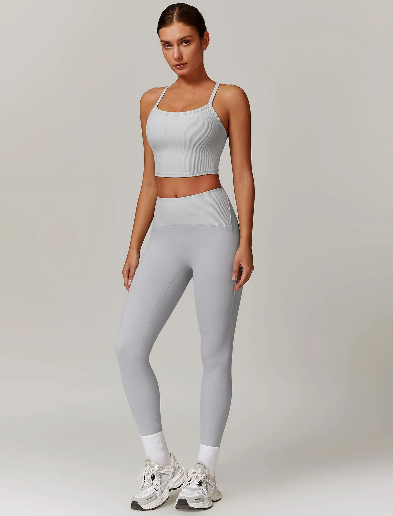 AGYMNX Workout Sets for Women 2 Piece High Waisted Seamless Butt Lifting Leggings Gym Yoga Outfit Stretchy Sports Bra Sets White Gray