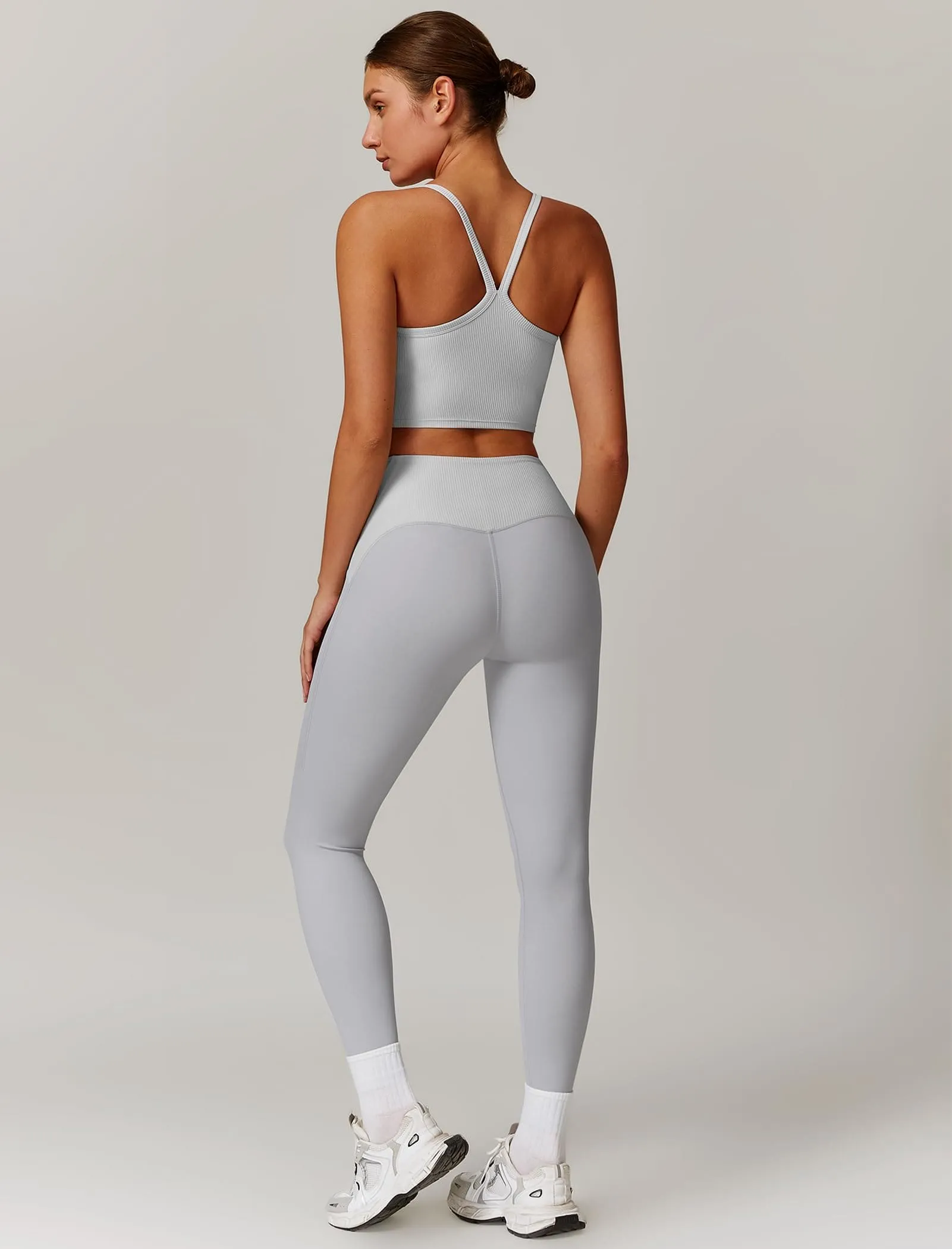 AGYMNX Workout Sets for Women 2 Piece High Waisted Seamless Butt Lifting Leggings Gym Yoga Outfit Stretchy Sports Bra Sets White Gray