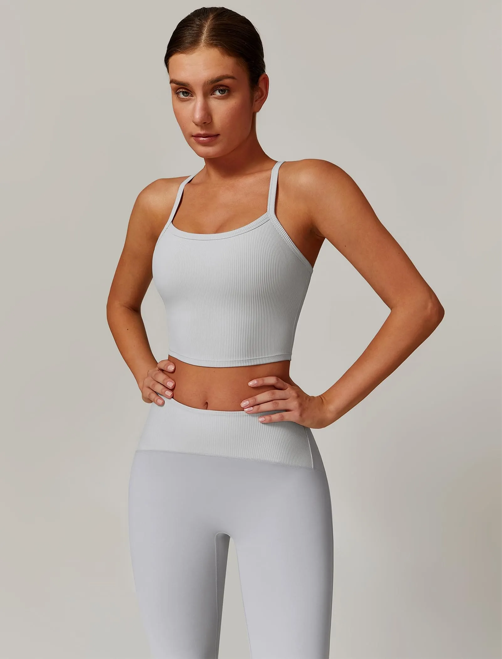 AGYMNX Workout Sets for Women 2 Piece High Waisted Seamless Butt Lifting Leggings Gym Yoga Outfit Stretchy Sports Bra Sets White Gray