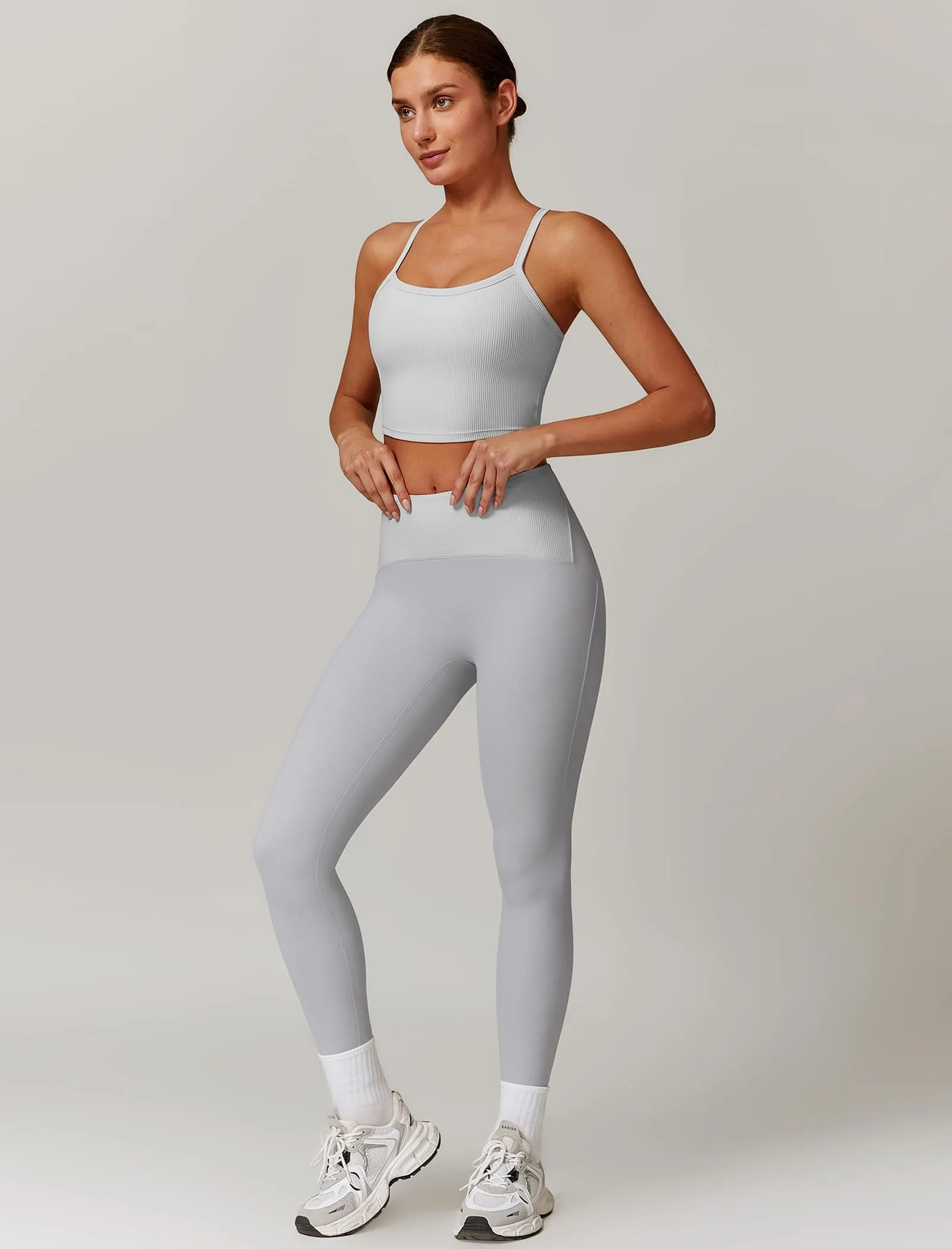 AGYMNX Workout Sets for Women 2 Piece High Waisted Seamless Butt Lifting Leggings Gym Yoga Outfit Stretchy Sports Bra Sets White Gray