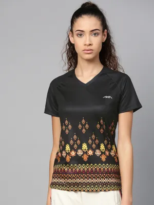 Alcis Women Black Beige Printed V-Neck T-shirt