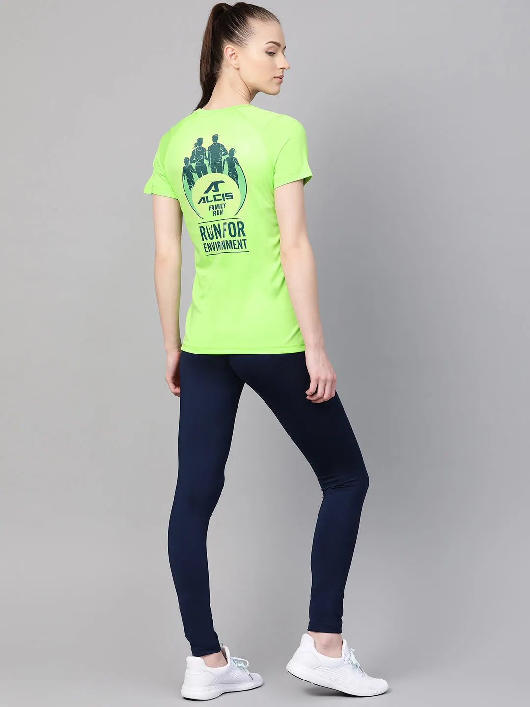 Alcis Women Fluorescent Green Navy Blue Printed Back Round Neck T-shirt