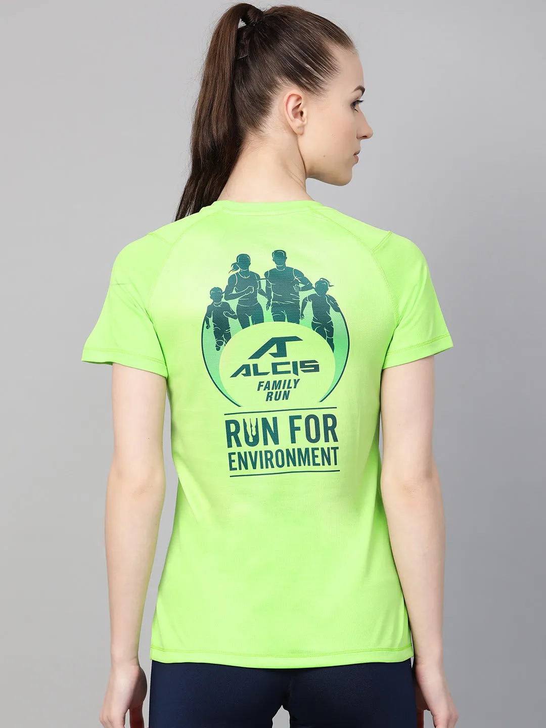 Alcis Women Fluorescent Green Navy Blue Printed Back Round Neck T-shirt