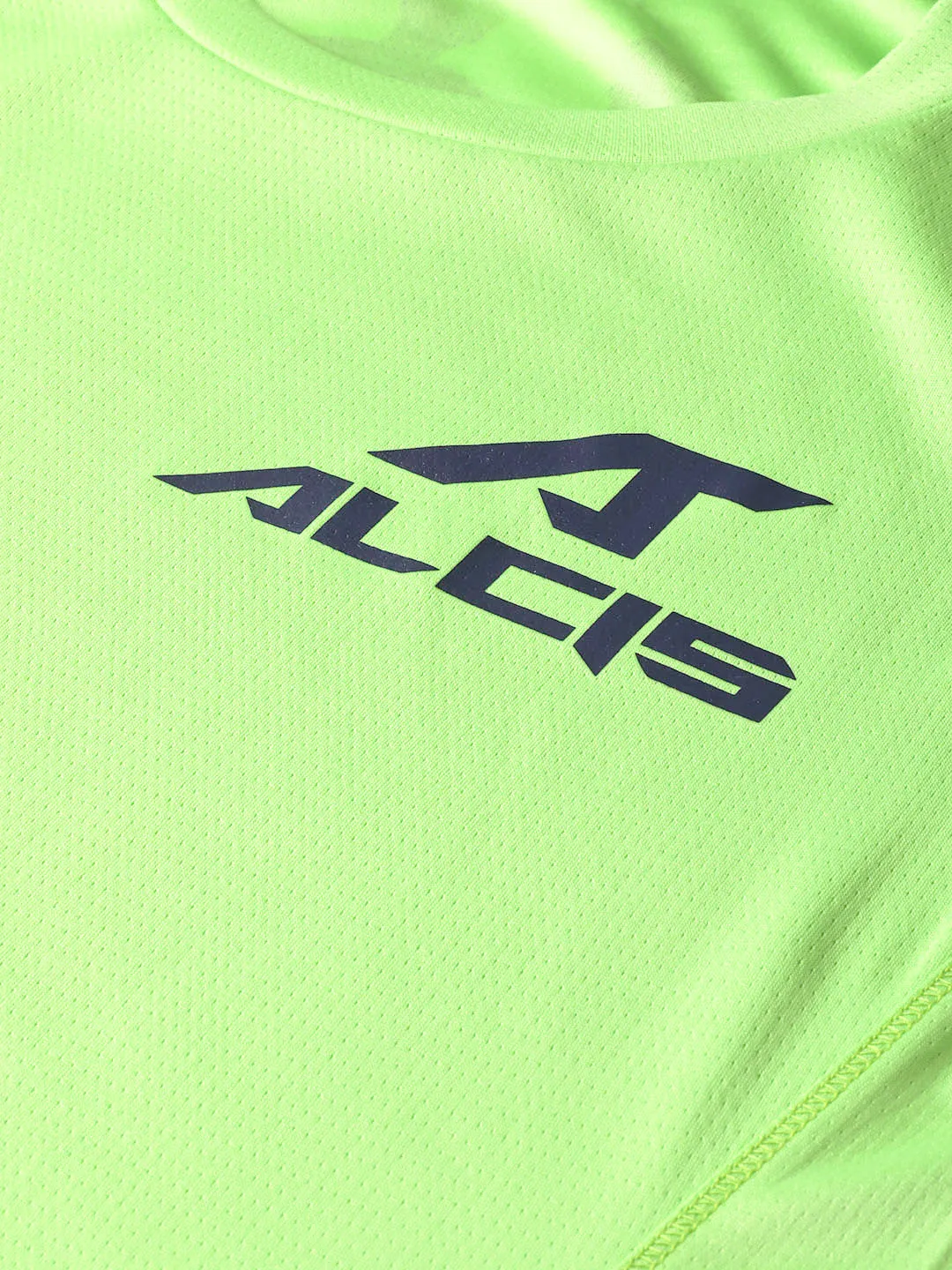 Alcis Women Fluorescent Green Navy Blue Printed Back Round Neck T-shirt