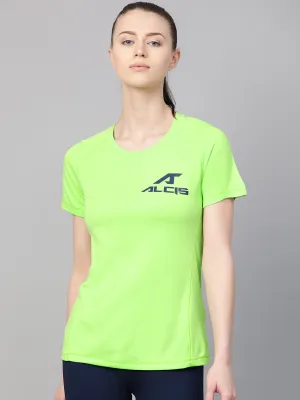 Alcis Women Fluorescent Green Navy Blue Printed Back Round Neck T-shirt