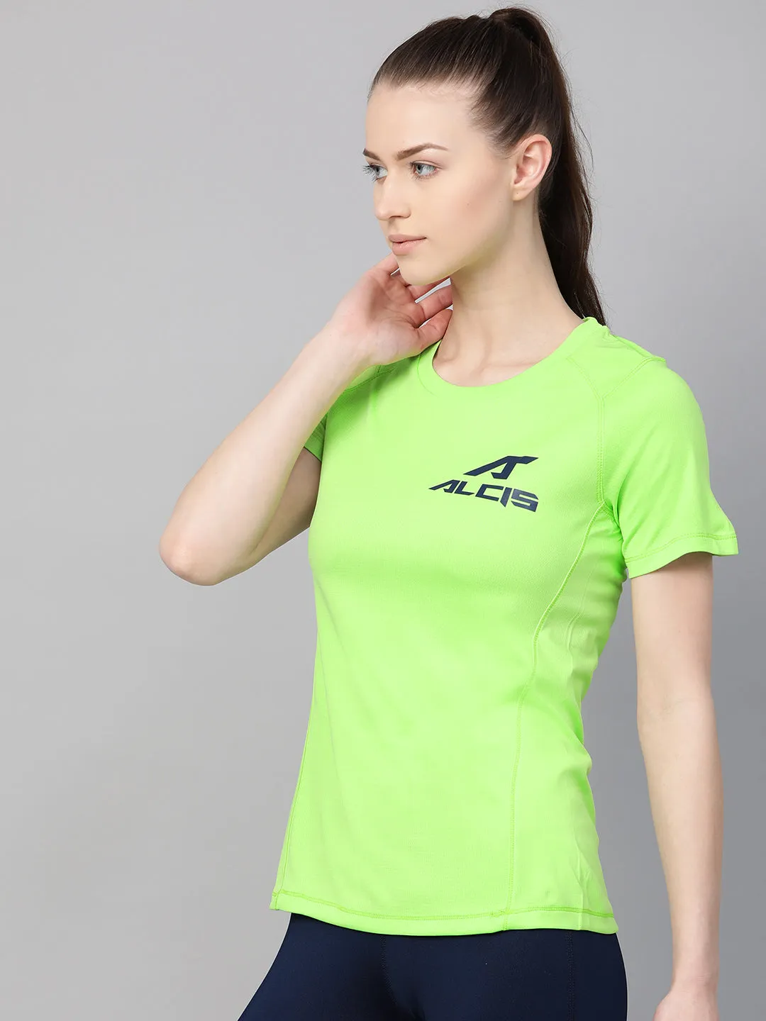Alcis Women Fluorescent Green Navy Blue Printed Back Round Neck T-shirt