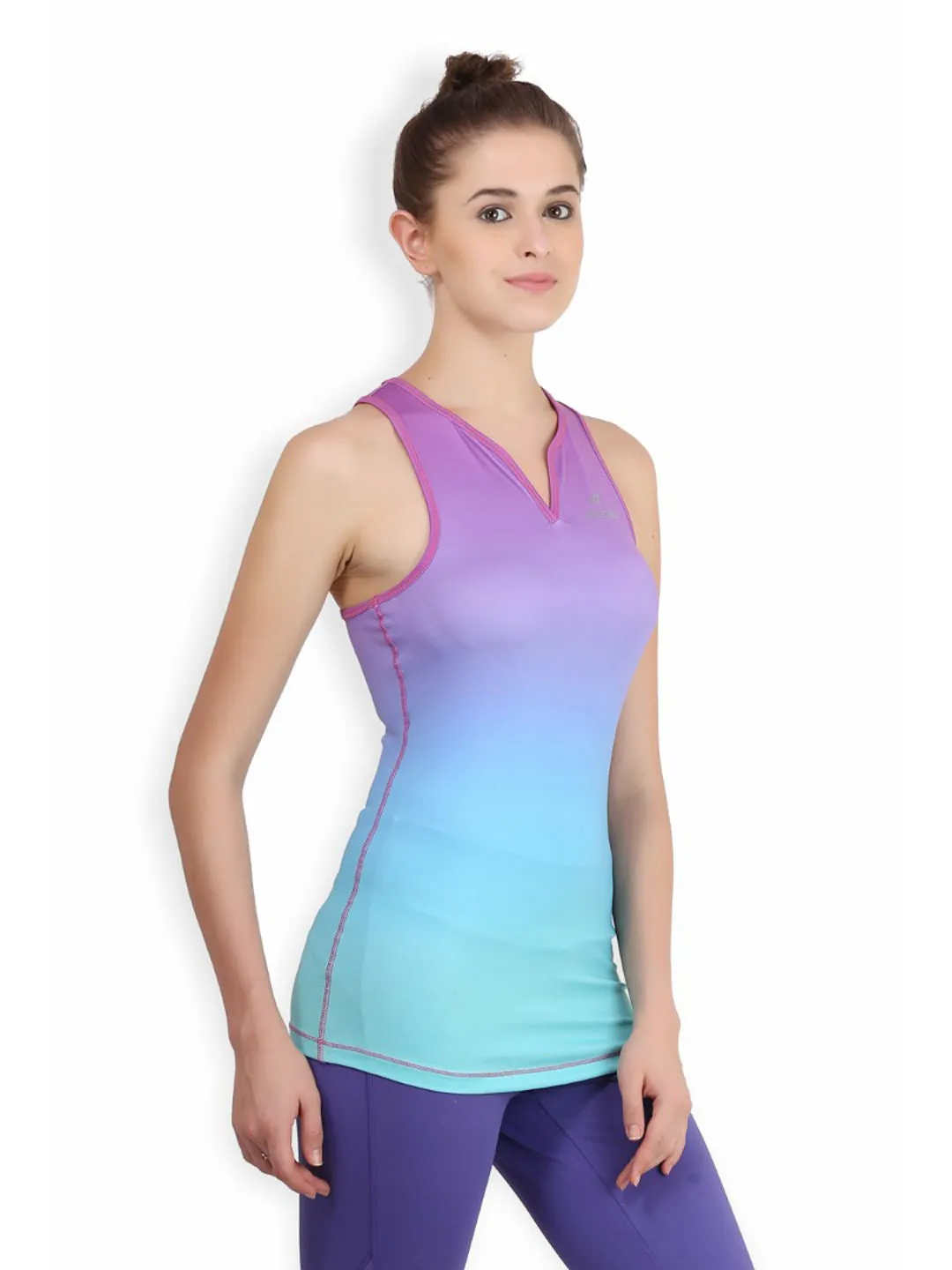 Alcis Women Purple Blue Ombre-Dyed V-Neck Slim Fit T-shirt