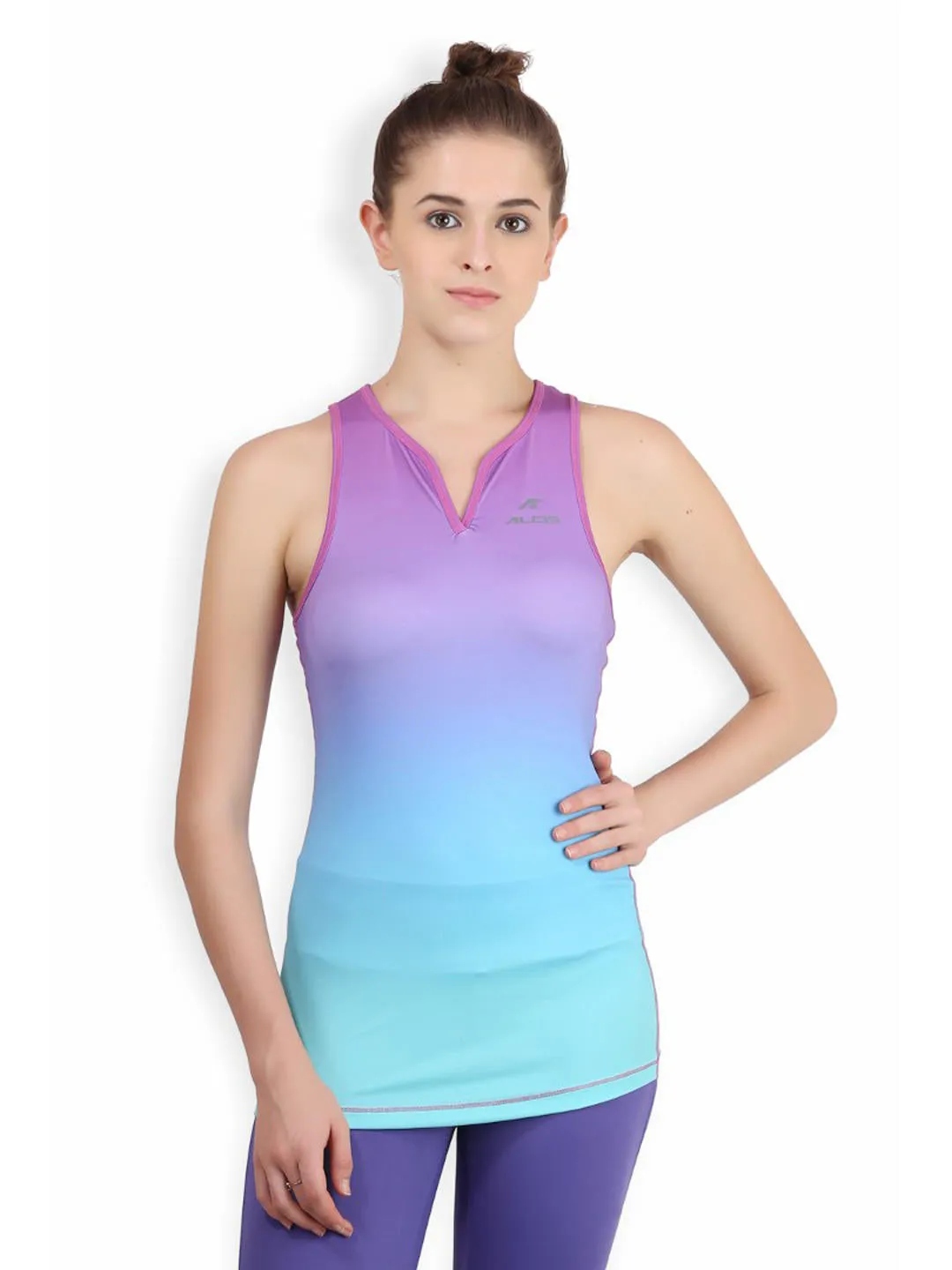 Alcis Women Purple Blue Ombre-Dyed V-Neck Slim Fit T-shirt