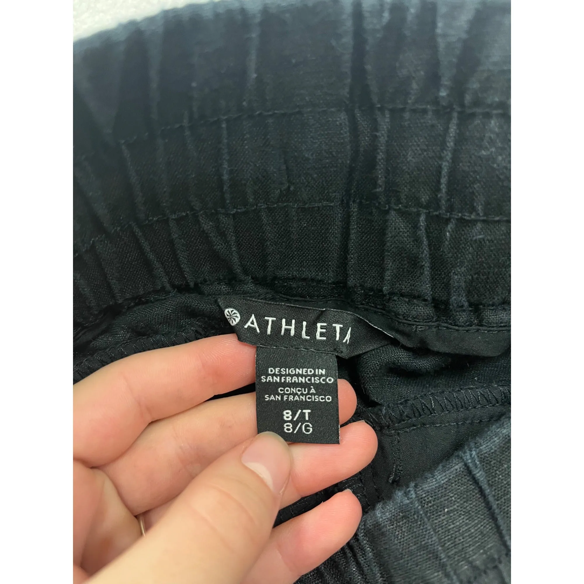 Athleta Womens Black Linen Jogger Pants Size 8T Elastic Waist Drawstring Zip Pockets #6861