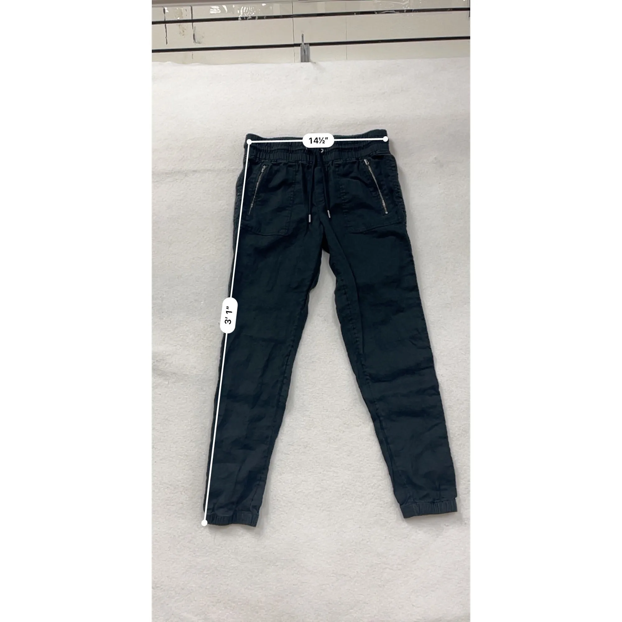 Athleta Womens Black Linen Jogger Pants Size 8T Elastic Waist Drawstring Zip Pockets #6861