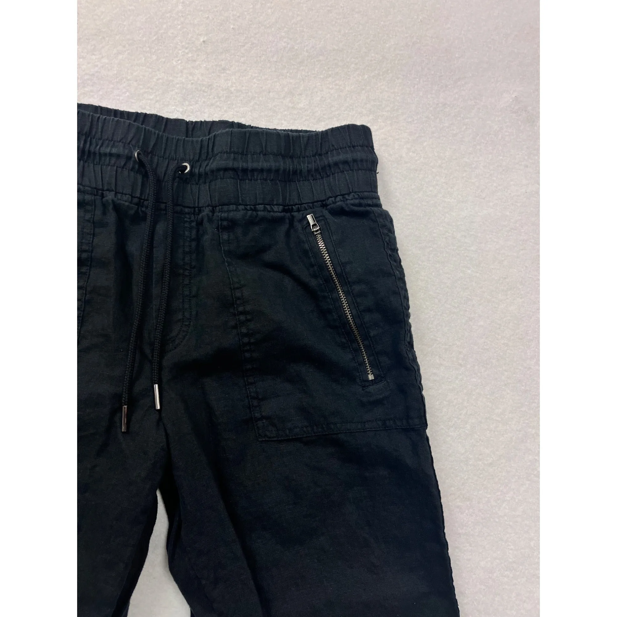Athleta Womens Black Linen Jogger Pants Size 8T Elastic Waist Drawstring Zip Pockets #6861