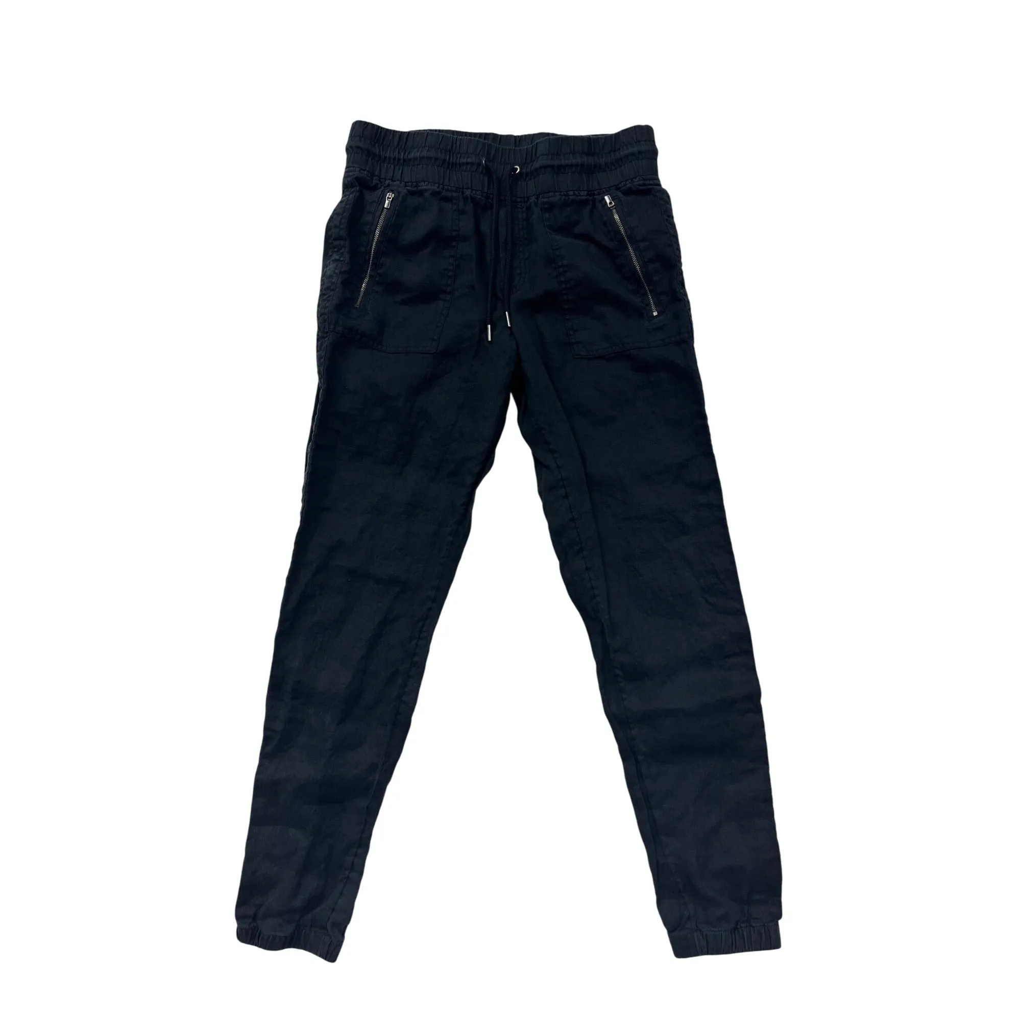 Athleta Womens Black Linen Jogger Pants Size 8T Elastic Waist Drawstring Zip Pockets #6861