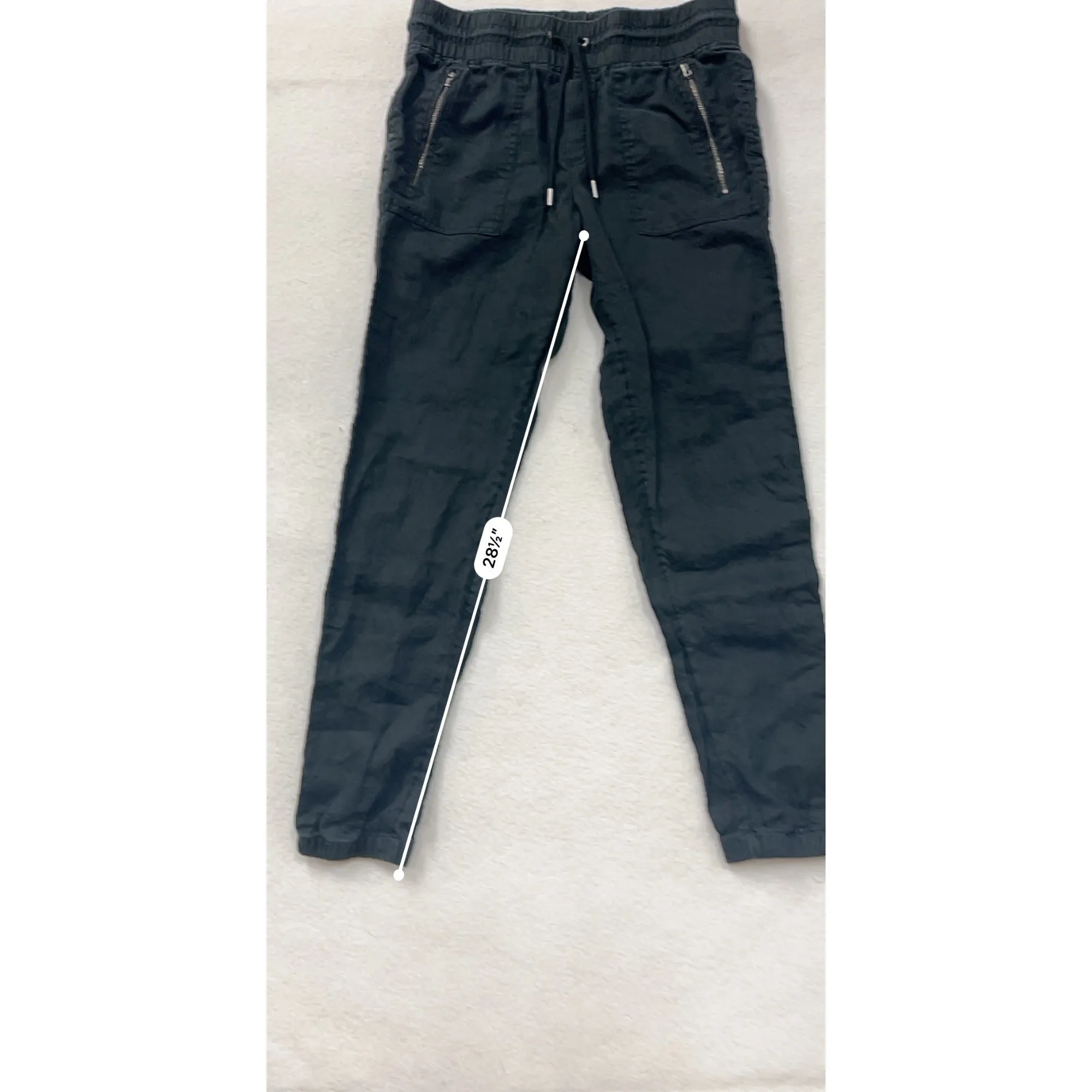 Athleta Womens Black Linen Jogger Pants Size 8T Elastic Waist Drawstring Zip Pockets #6861