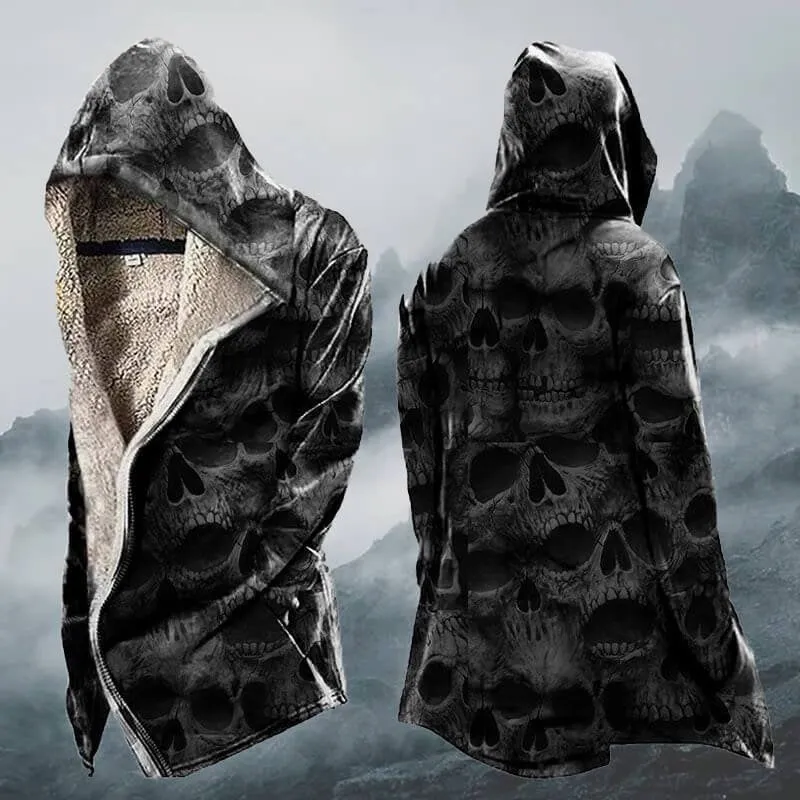 Autumn Winter Long Fleece Thickened Skull Print Zip-up Hoodie