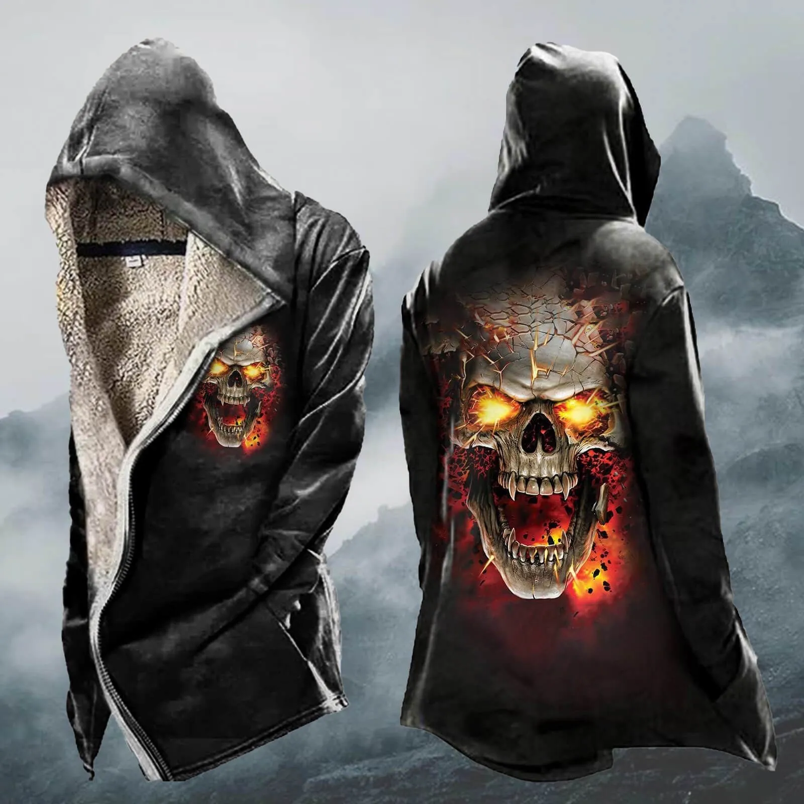 Autumn Winter Long Fleece Thickened Skull Print Zip-up Hoodie