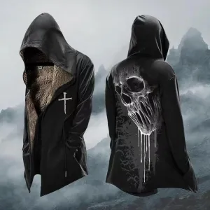 Autumn Winter Long Fleece Thickened Skull Print Zip-up Hoodie