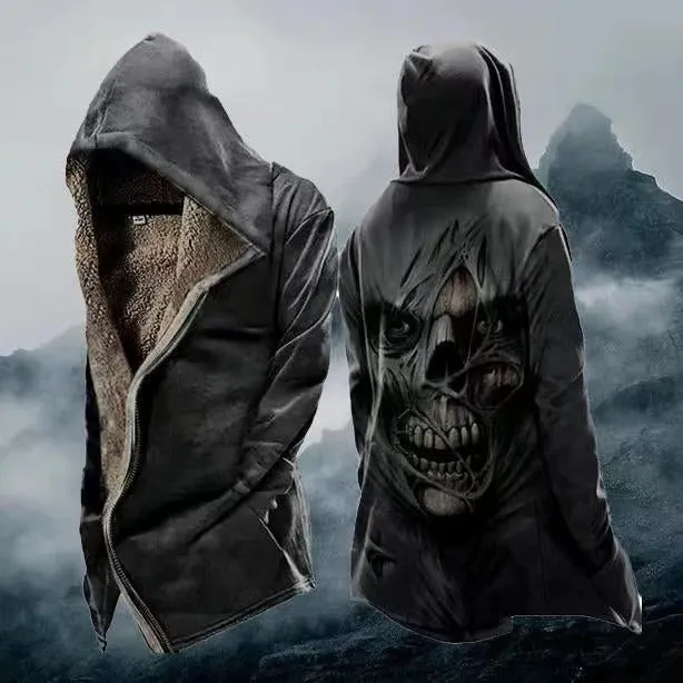 Autumn Winter Long Fleece Thickened Skull Print Zip-up Hoodie