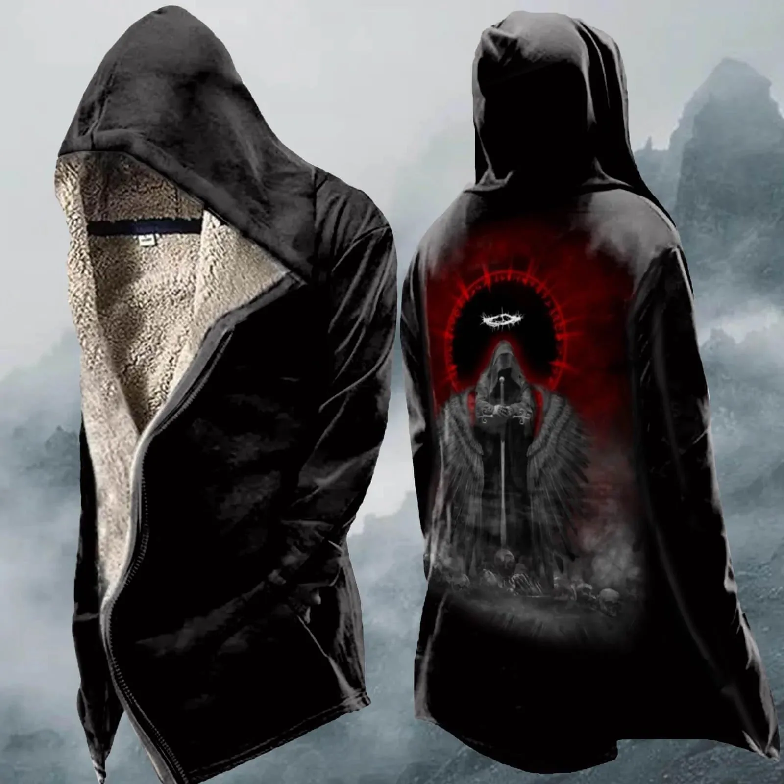 Autumn Winter Long Fleece Thickened Skull Print Zip-up Hoodie