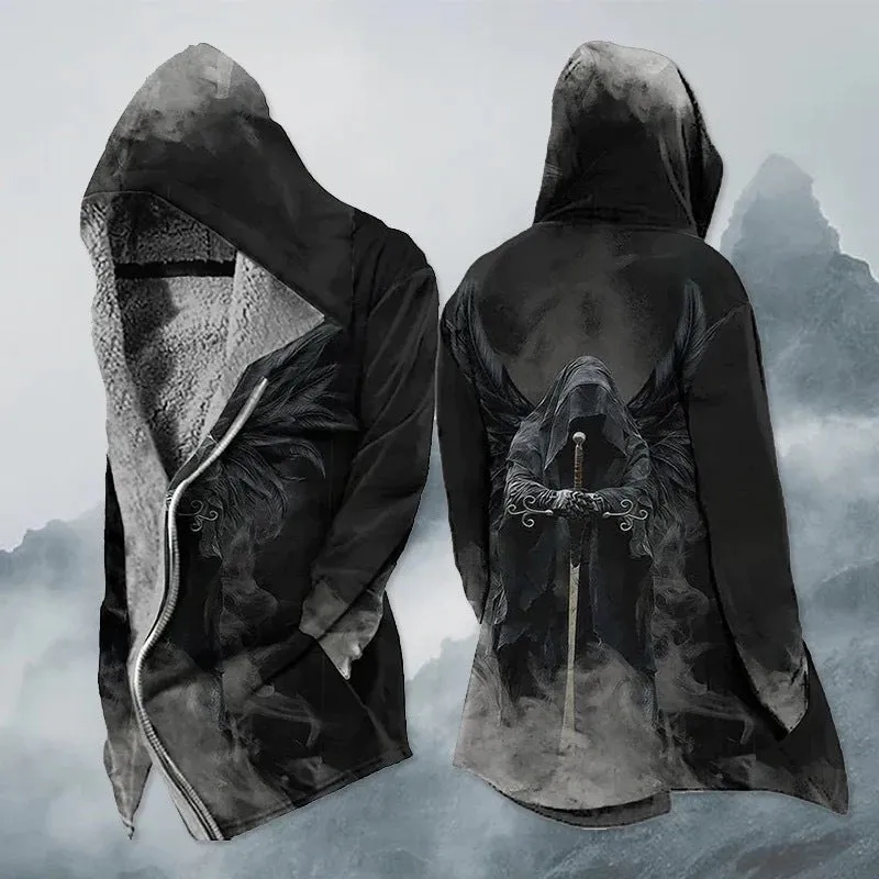 Autumn Winter Long Fleece Thickened Skull Print Zip-up Hoodie