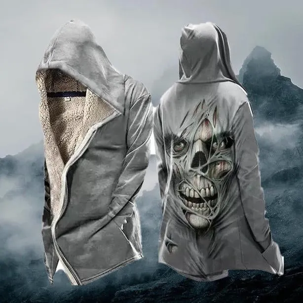 Autumn Winter Long Fleece Thickened Skull Print Zip-up Hoodie