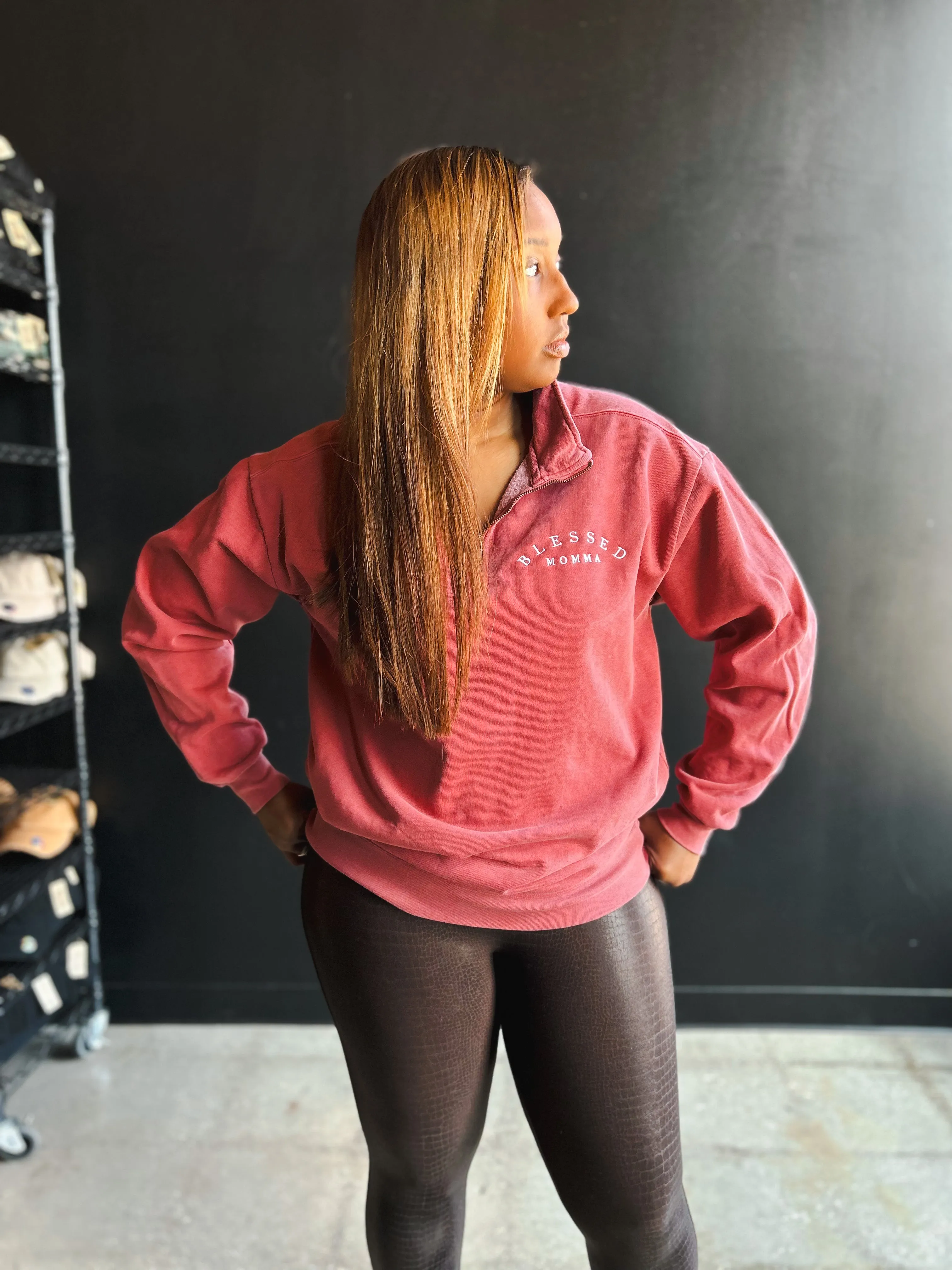 Blessed Momma Embroidered Adult Quarter Zip Sweatshirt