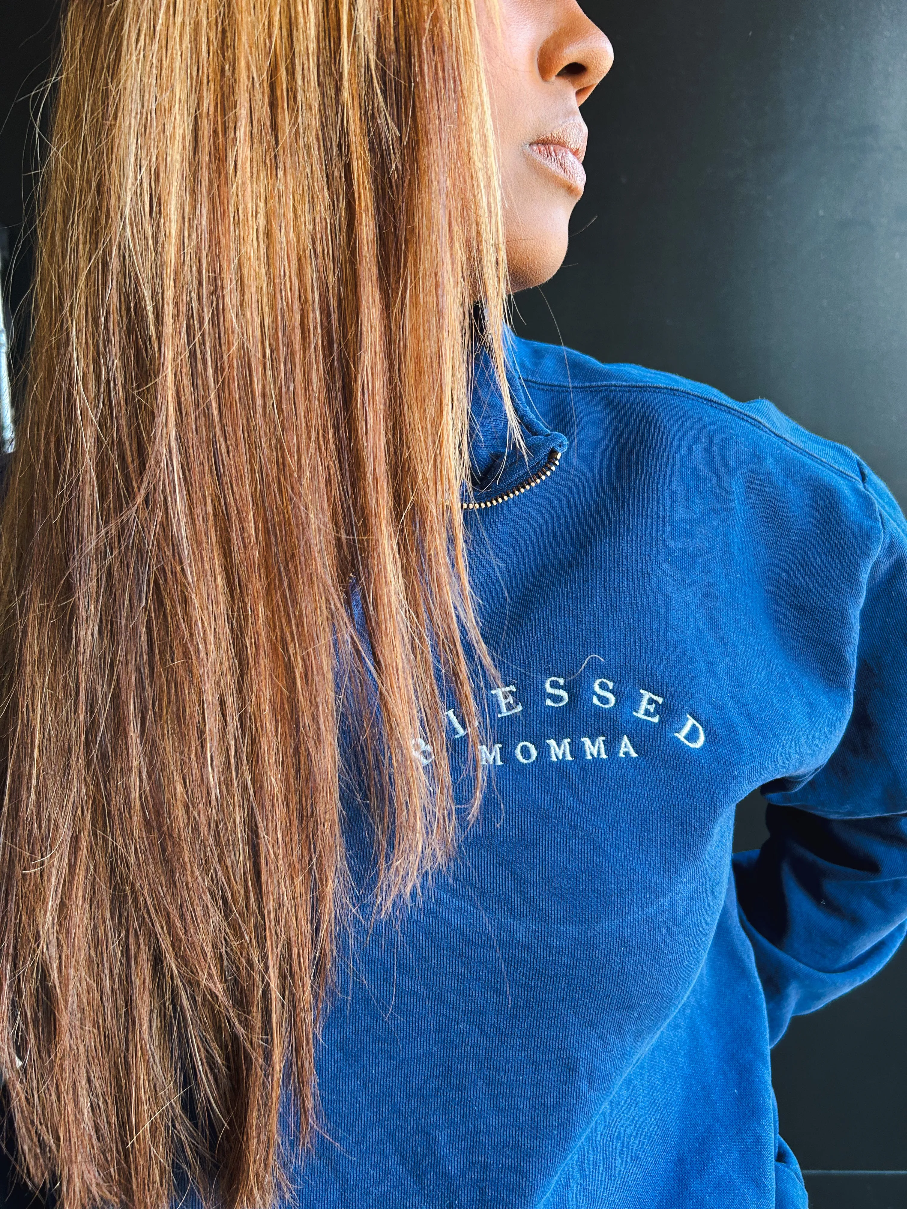 Blessed Momma Embroidered Adult Quarter Zip Sweatshirt