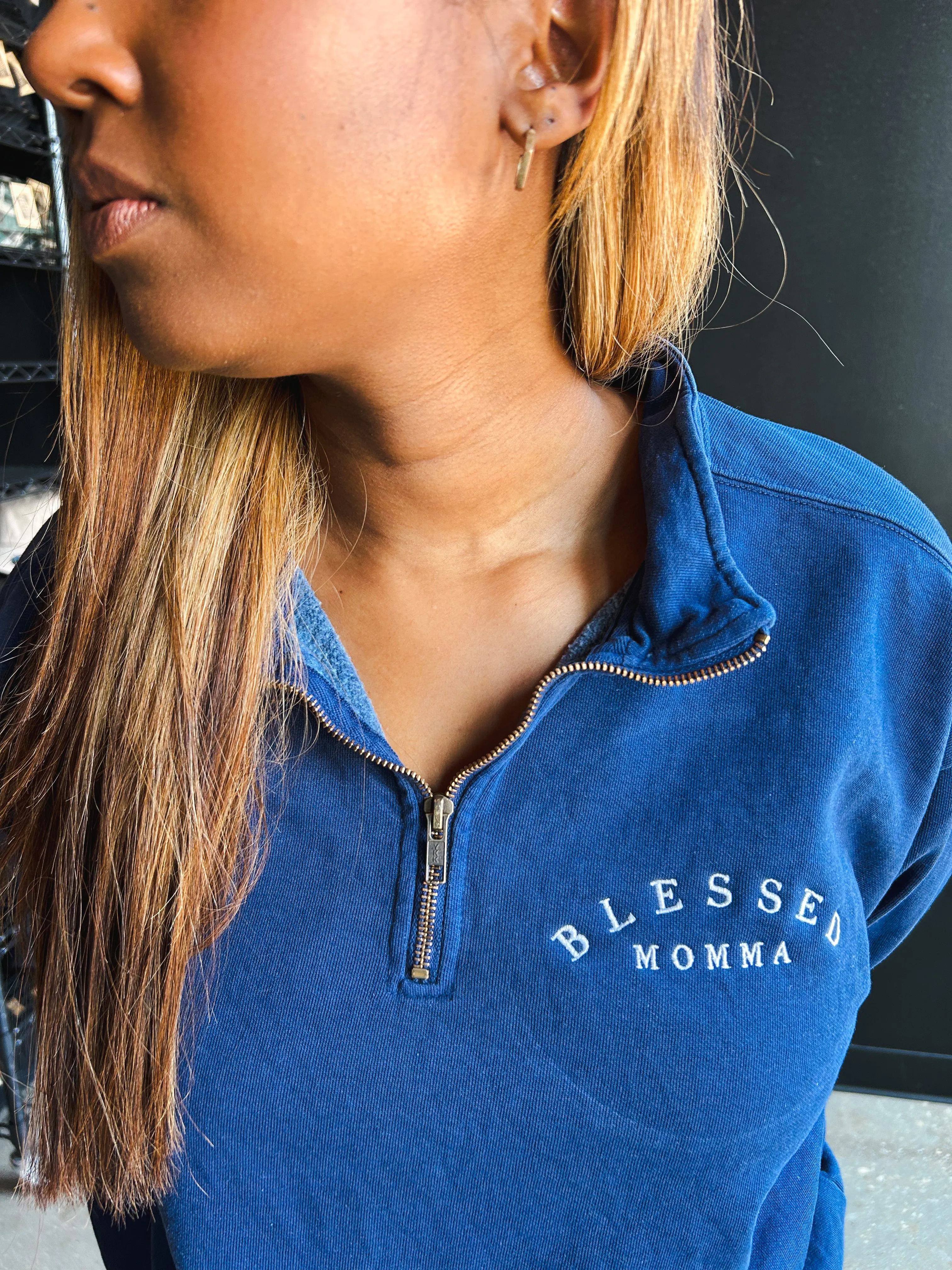 Blessed Momma Embroidered Adult Quarter Zip Sweatshirt