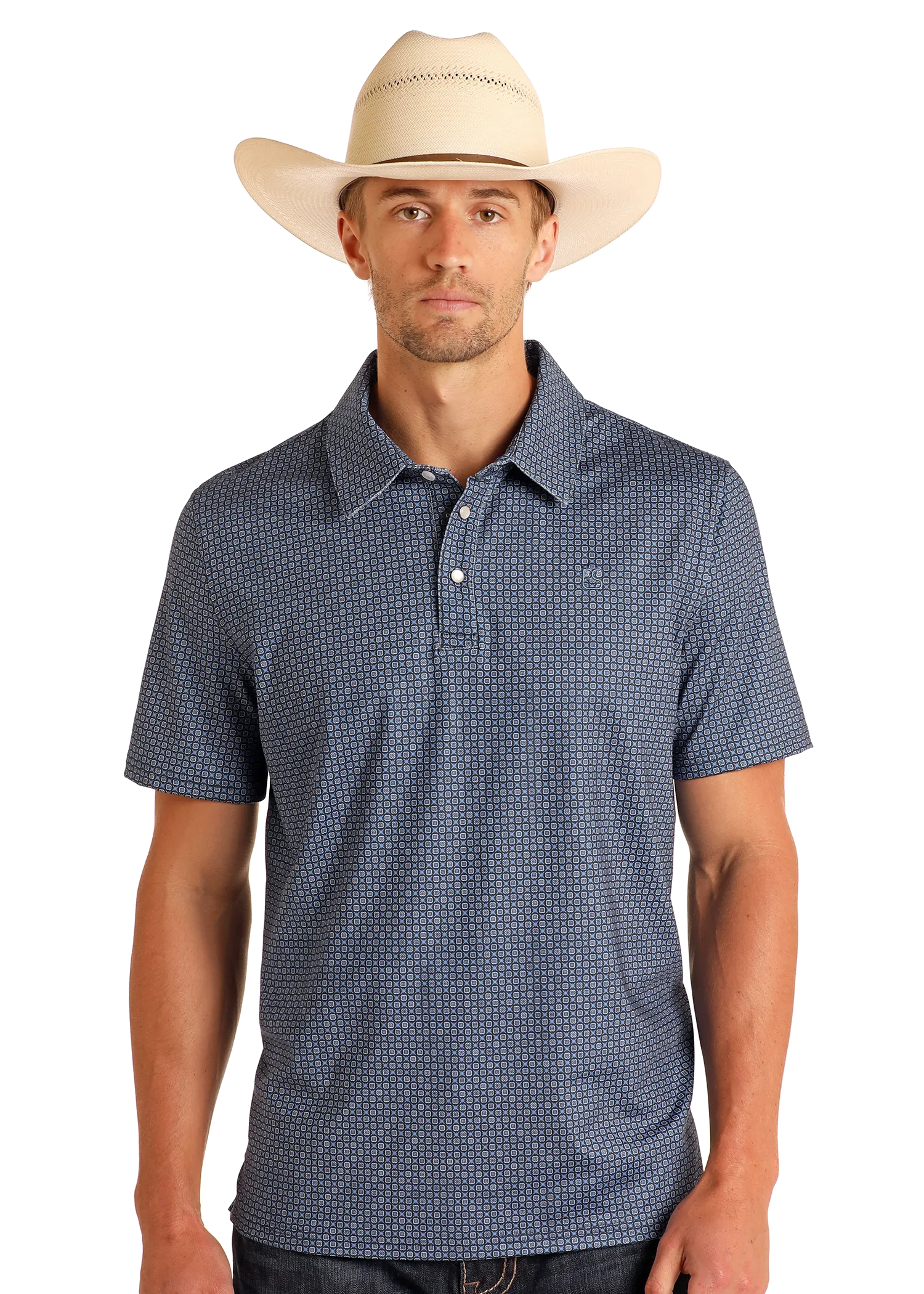 Blue Geo Print Performance Polo