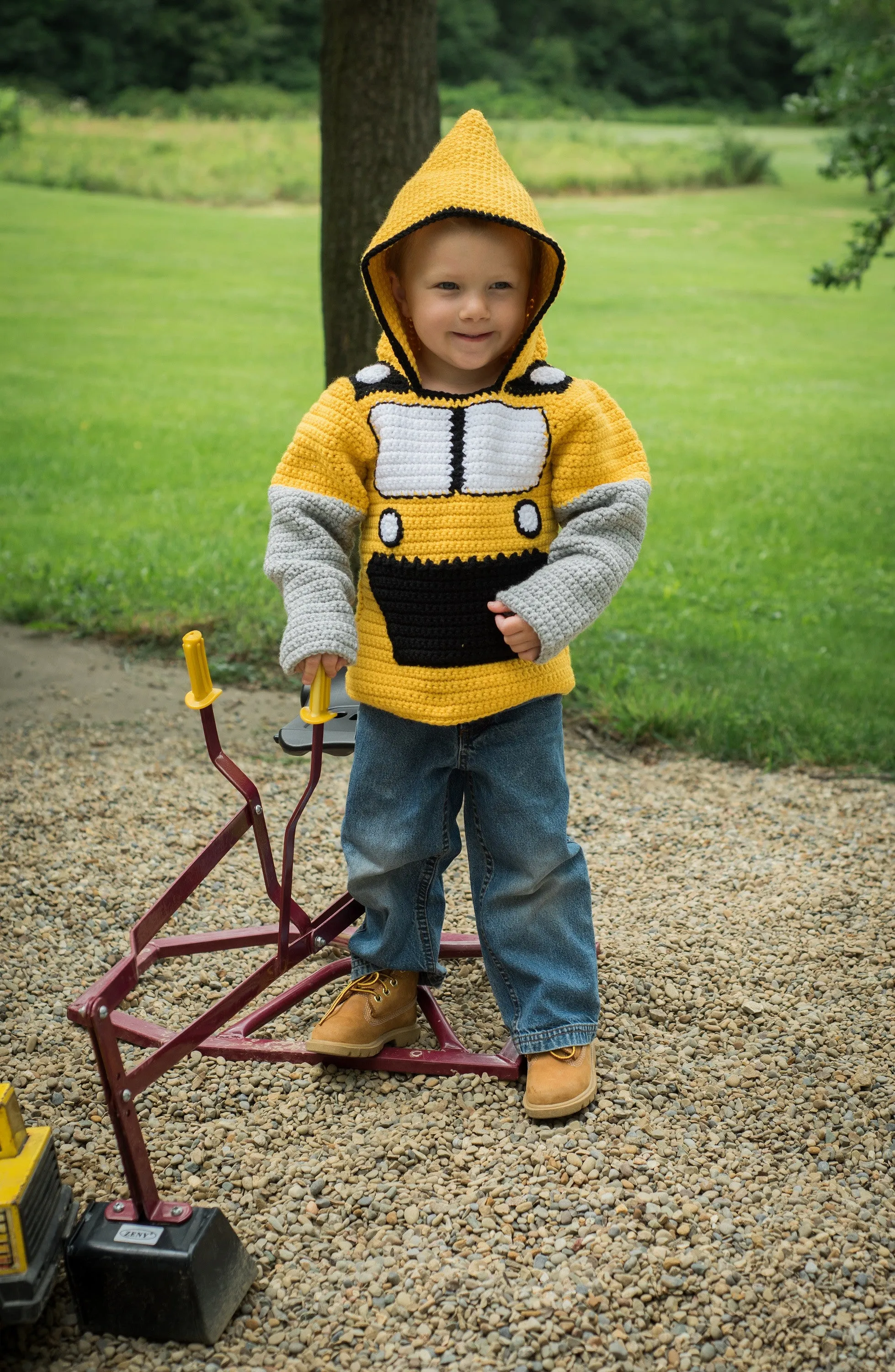 Bulldozer Toddler Hoodie Crochet Pattern - Sizes 2 and 4 - Hoodie Zips up the Back