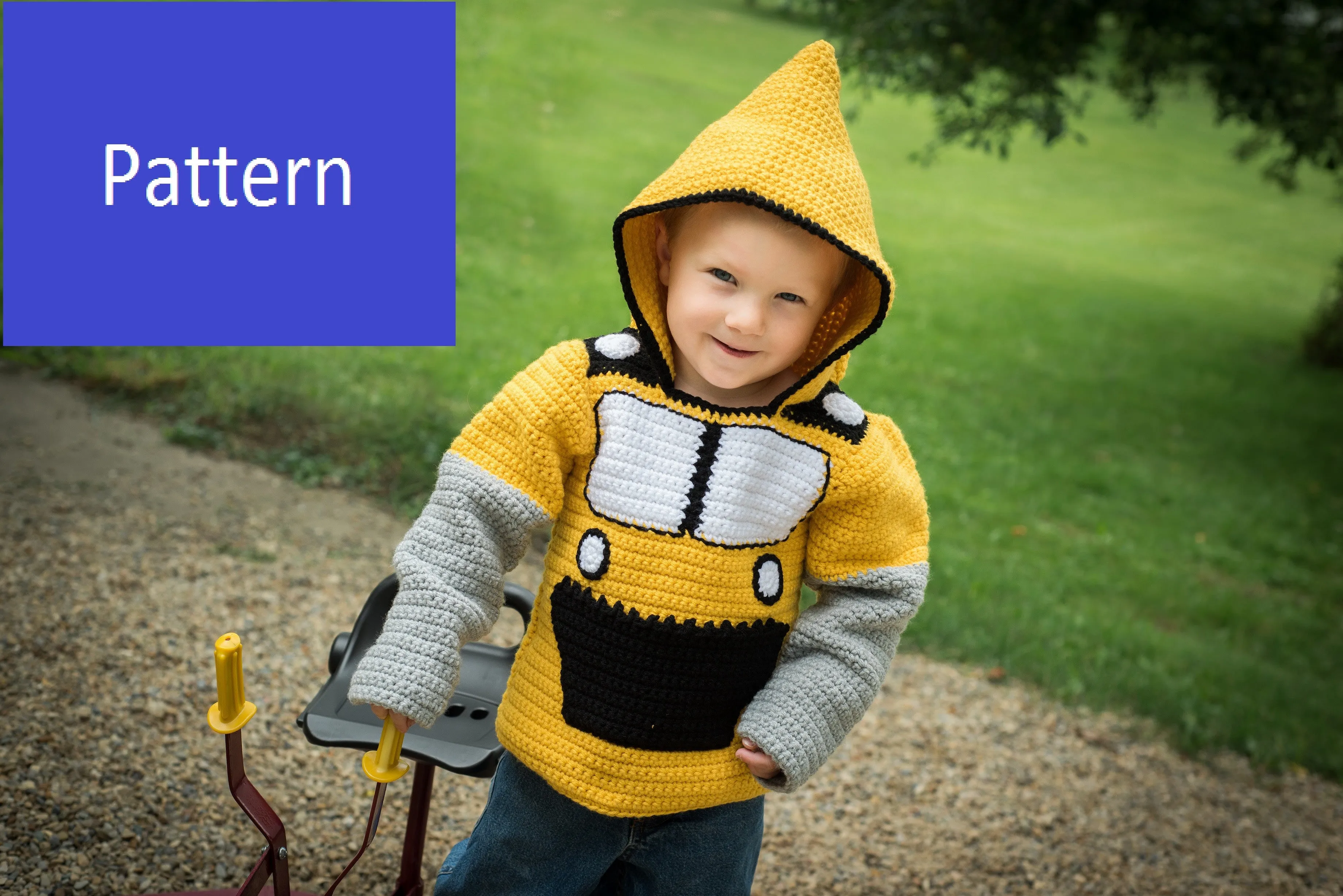 Bulldozer Toddler Hoodie Crochet Pattern - Sizes 2 and 4 - Hoodie Zips up the Back