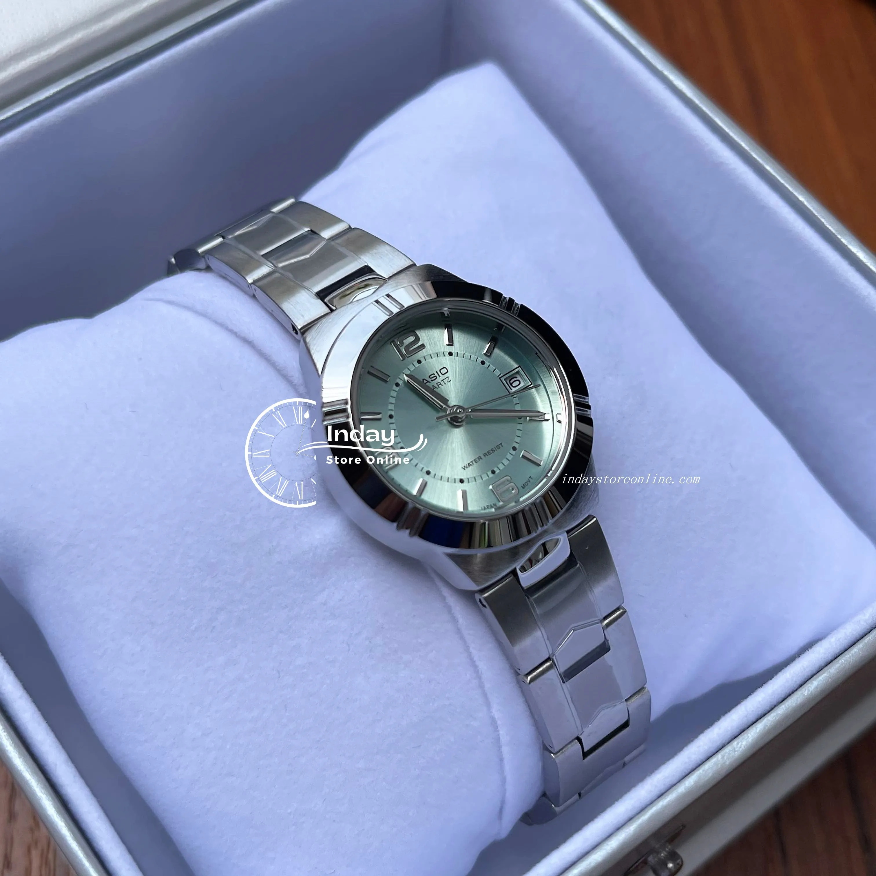 Casio Fashion Women's Watch LTP-1241D-3A Silver/Green Stainless Steel Band Mineral Glass