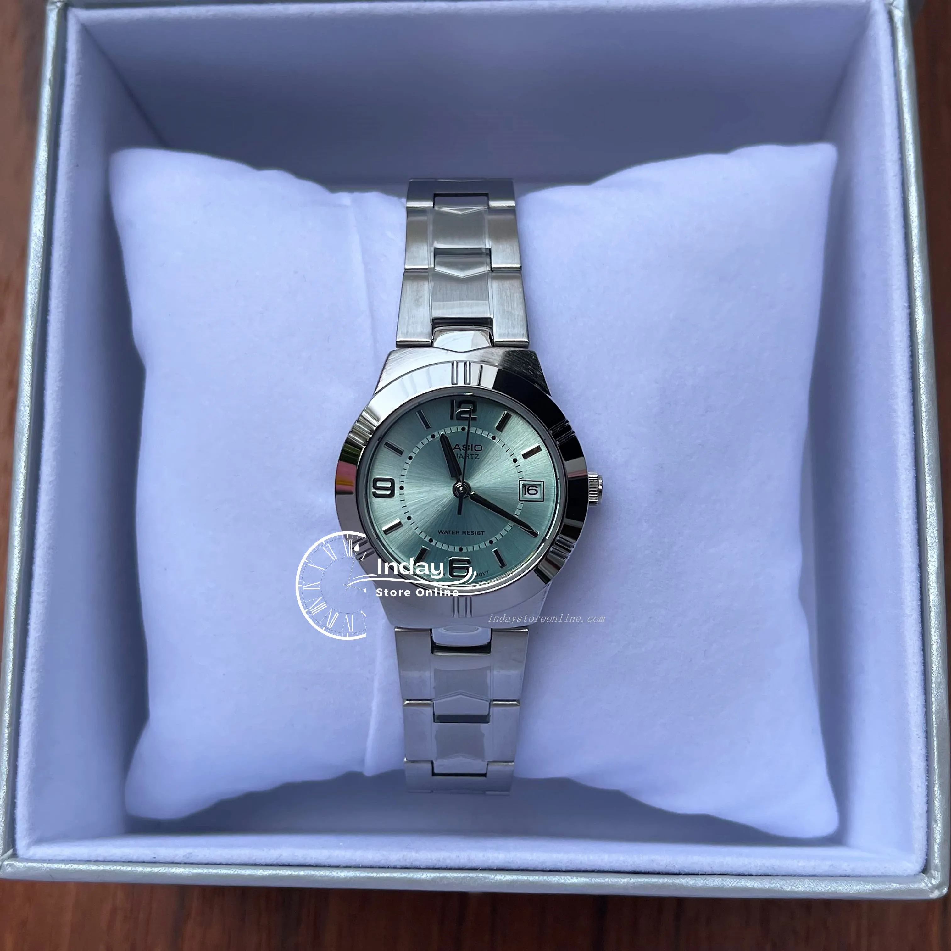 Casio Fashion Women's Watch LTP-1241D-3A Silver/Green Stainless Steel Band Mineral Glass