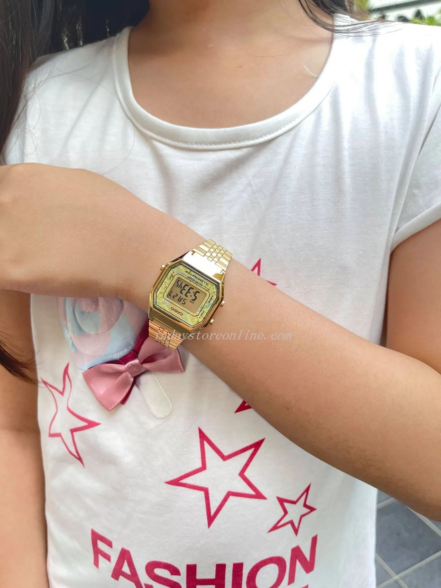 Casio Vintage Women's Watch LA680WGA-9C Floral Design Gold Plated Stainless Steel Strap Self-adjustable Band