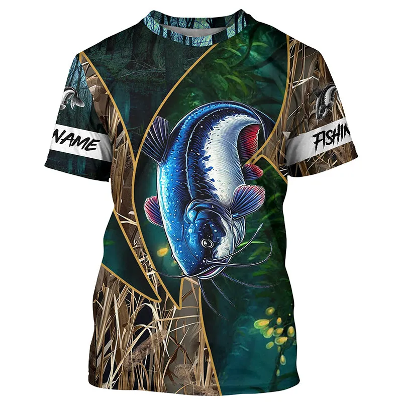 Catfish Fishing camo green Customize Name All-over Print Unisex fishing T-shirt NPQ37