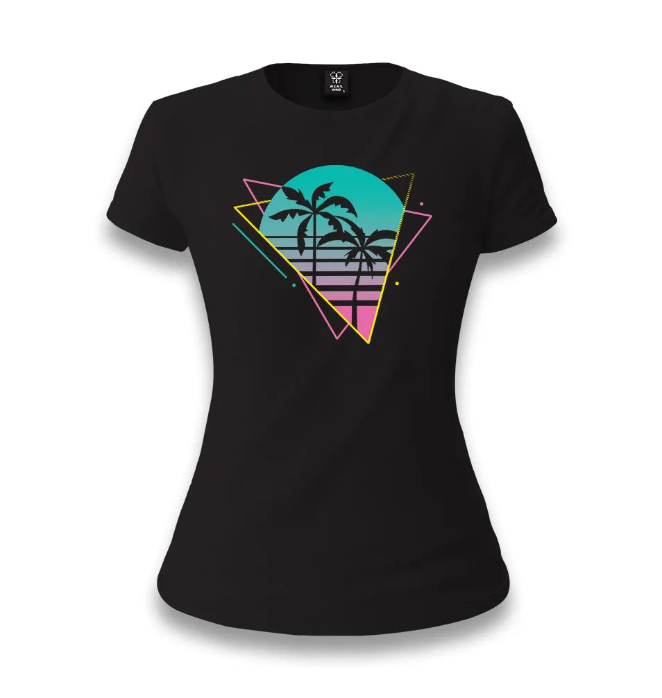 Colorful Triangles Palm Trees Women's Black T-shirt