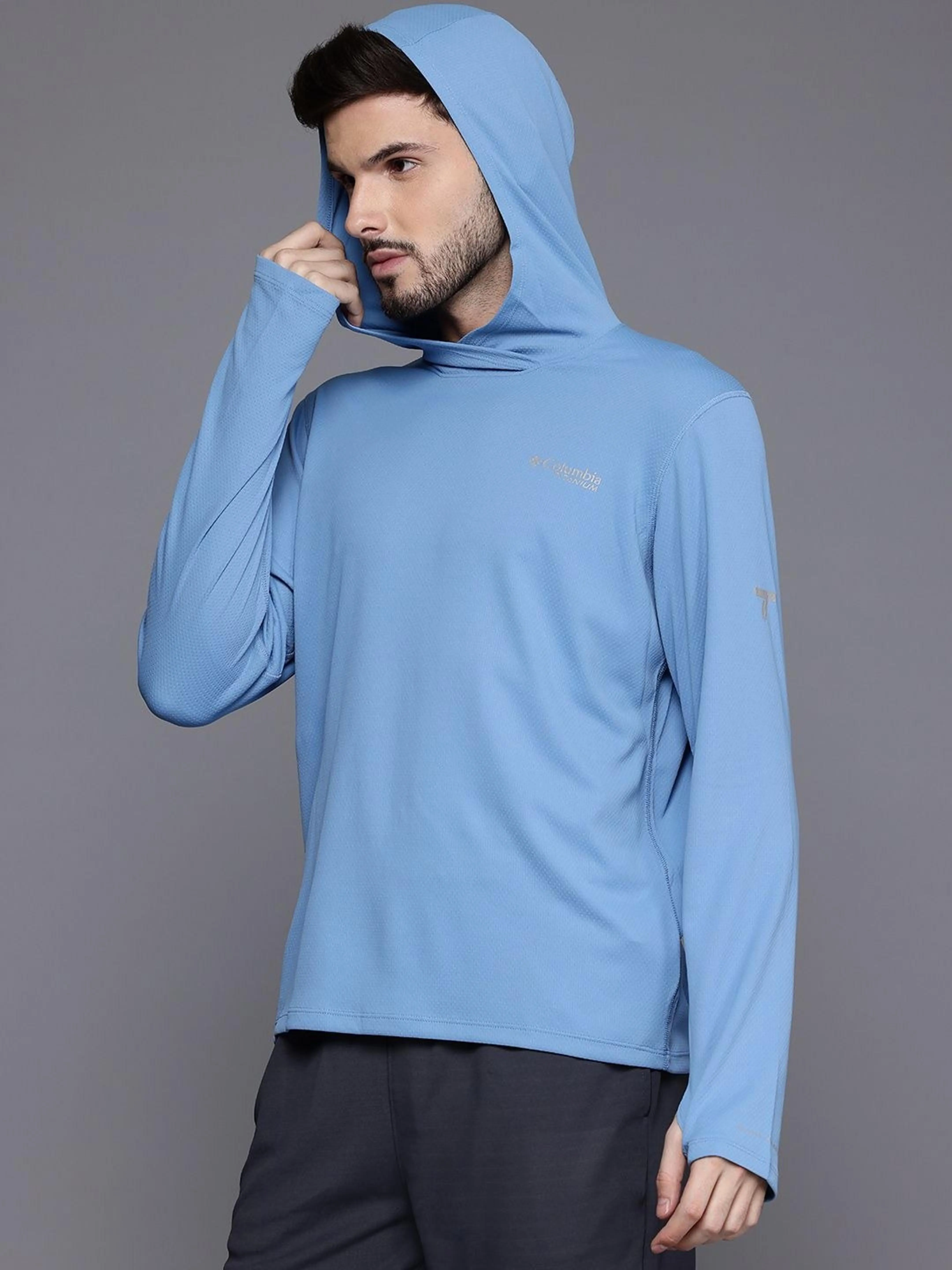 Columbia Mens Blue Omni-Shade Broad Spectrum Air Flow Summit Valley Hoodie Tshirt