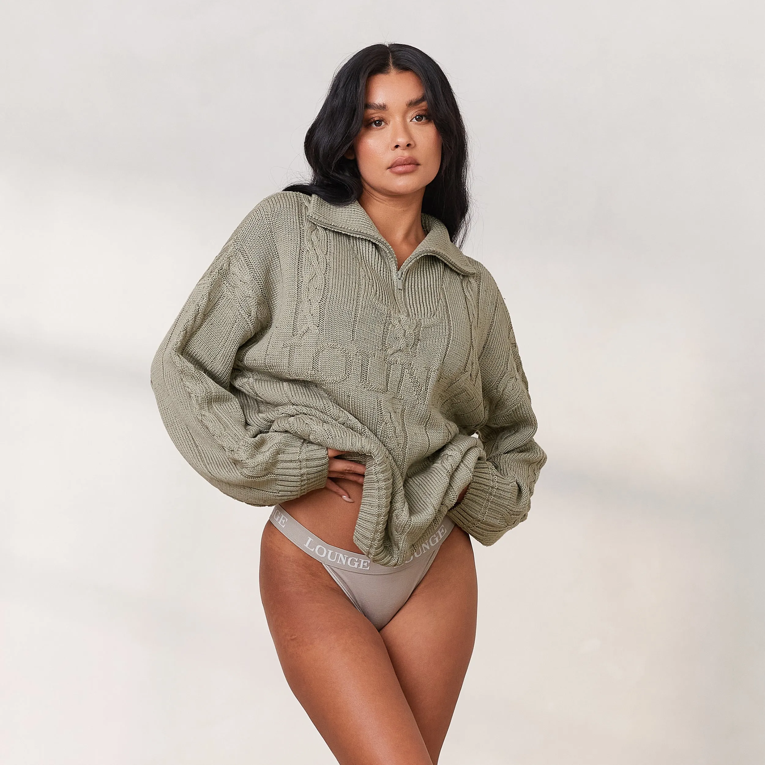 Cosy Pull Tricoté avec Quart de Zip - Sauge