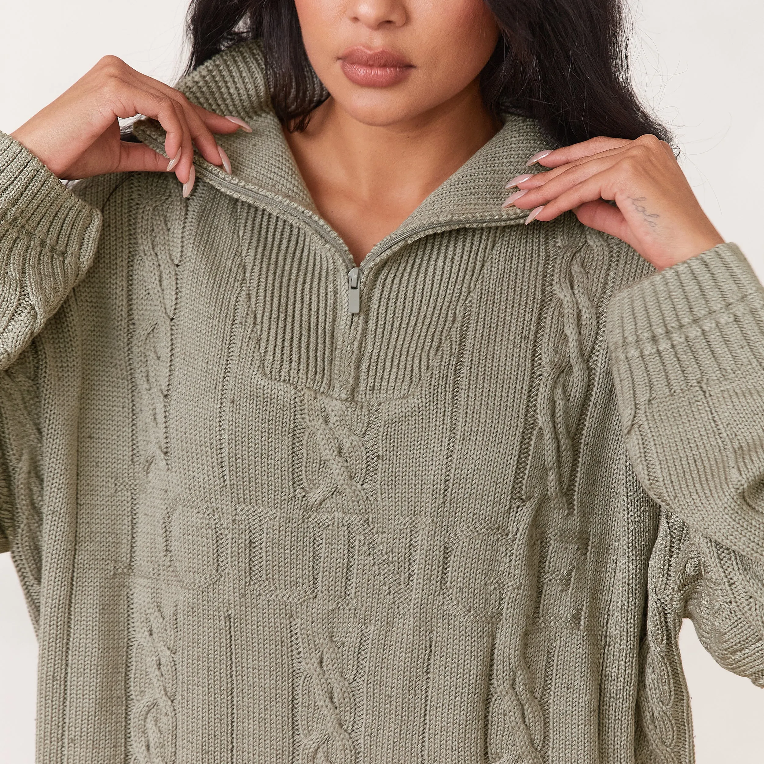 Cosy Pull Tricoté avec Quart de Zip - Sauge
