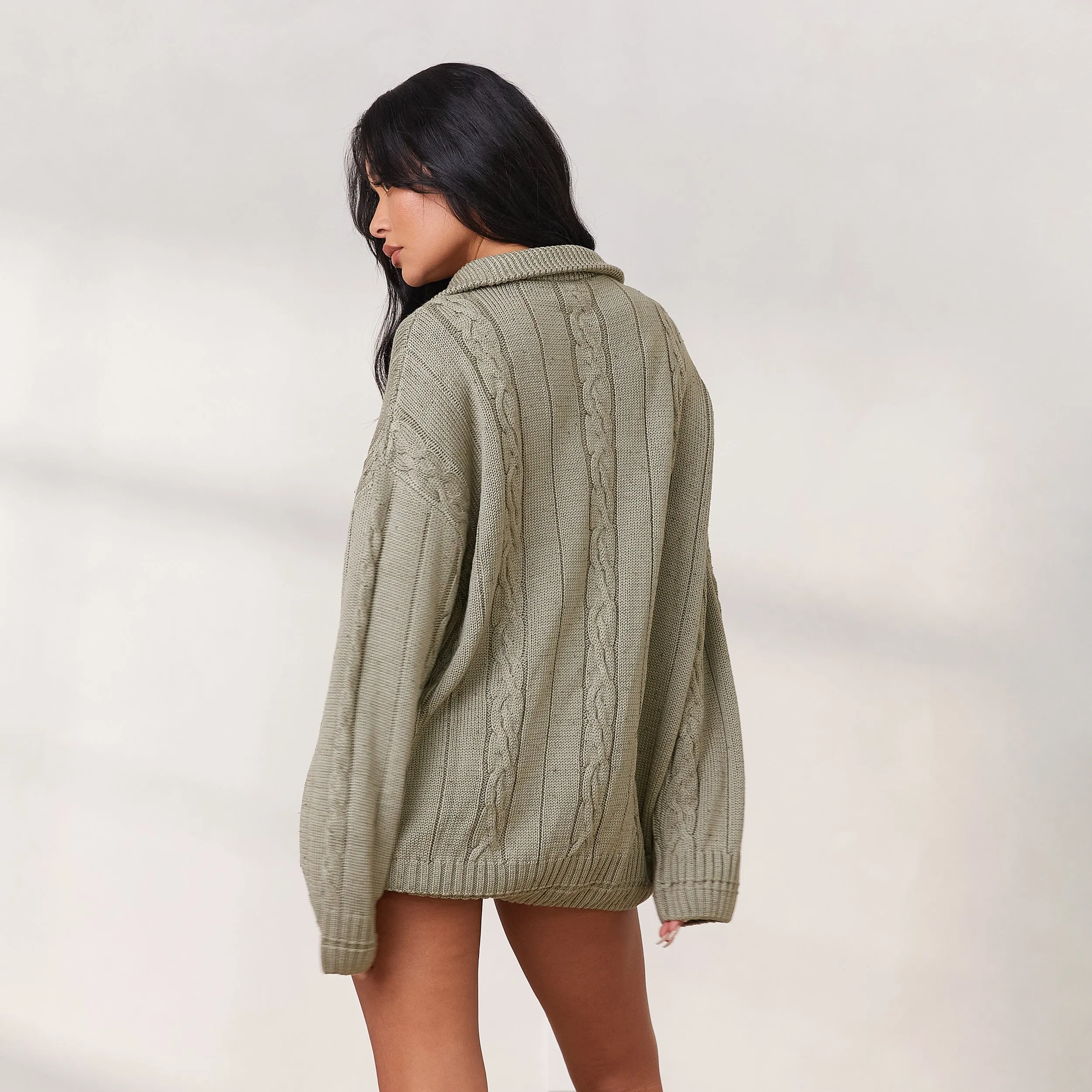 Cosy Pull Tricoté avec Quart de Zip - Sauge