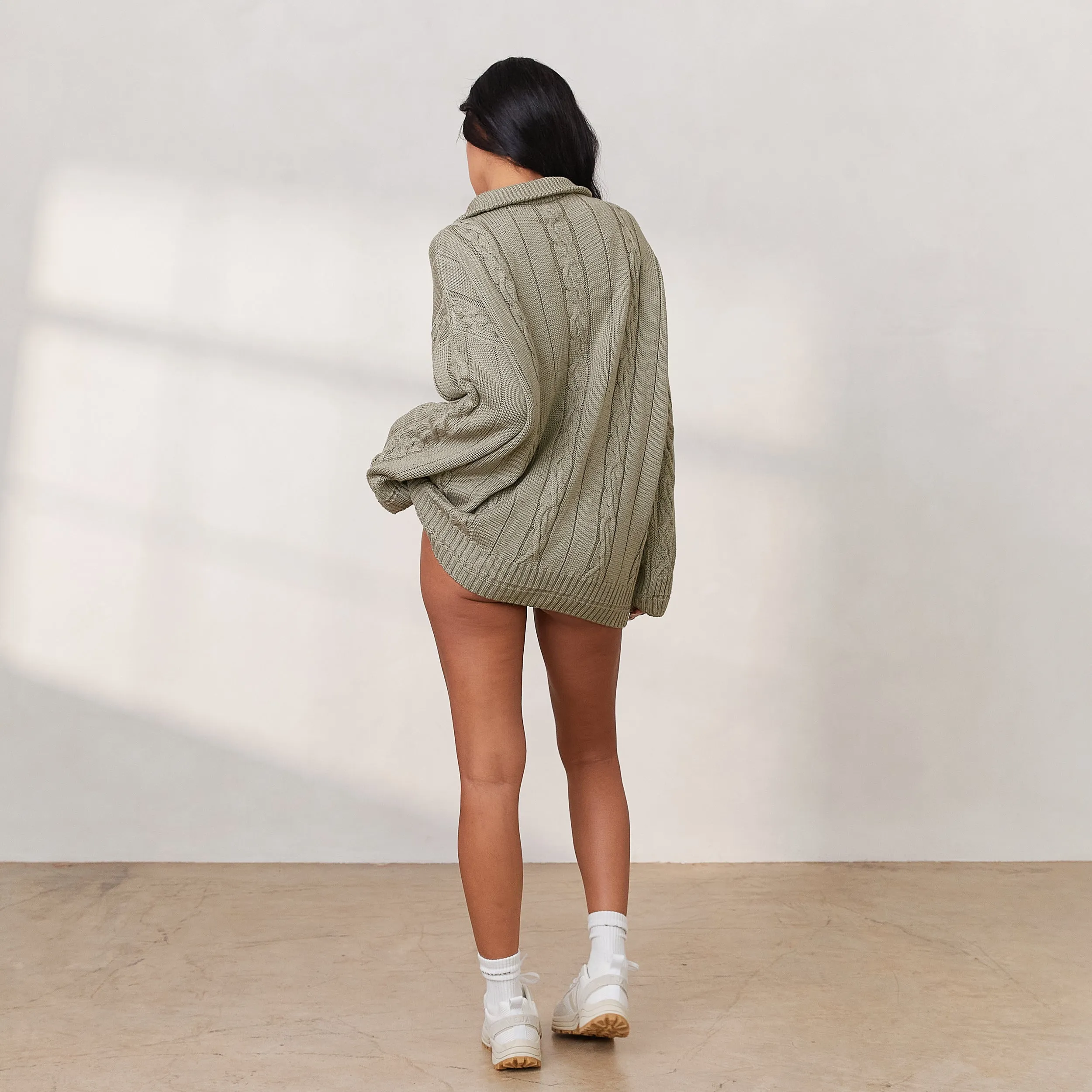 Cosy Pull Tricoté avec Quart de Zip - Sauge