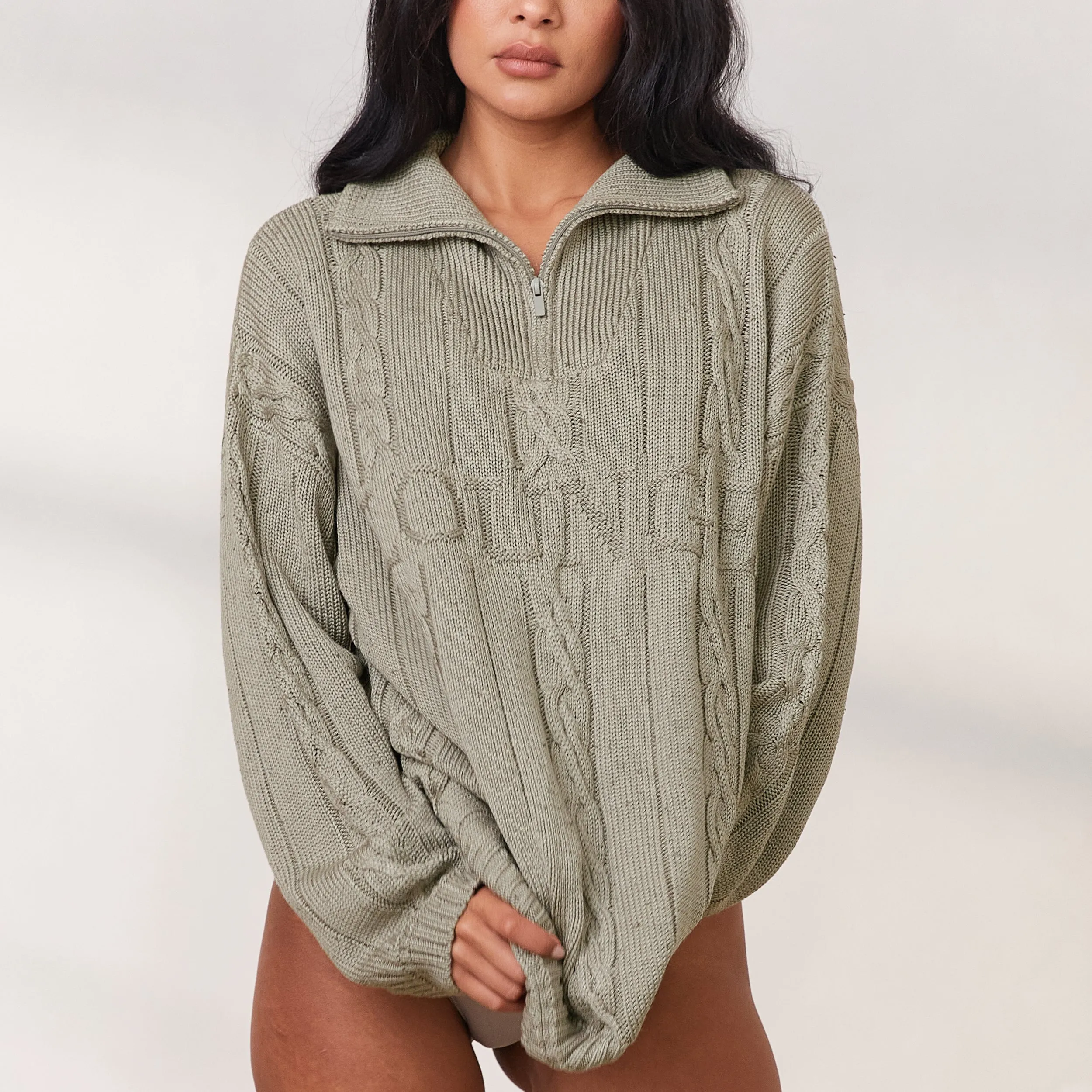 Cosy Pull Tricoté avec Quart de Zip - Sauge