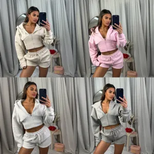 Cropped fleeced hooded top zip up waist compression short set