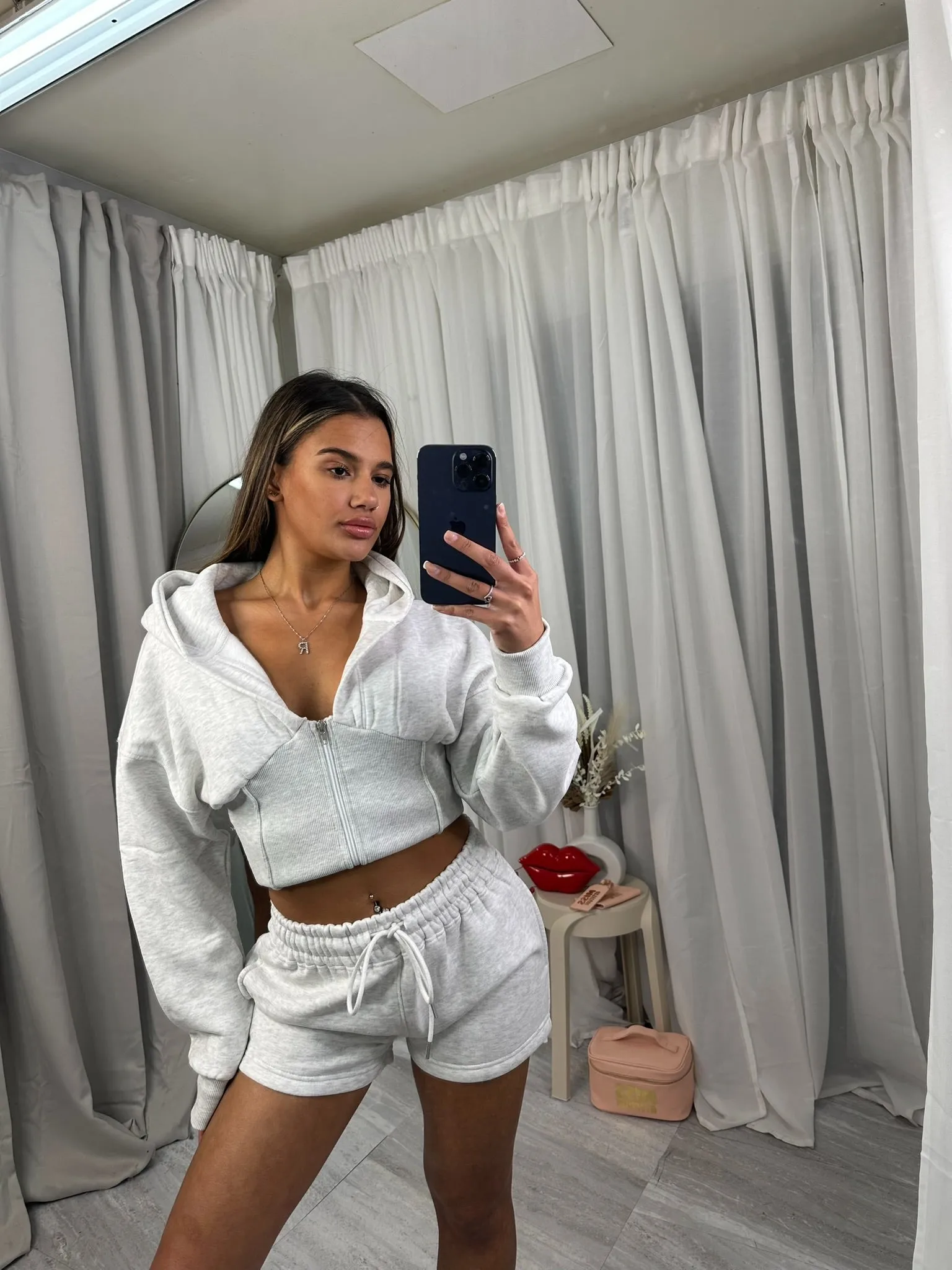 Cropped fleeced hooded top zip up waist compression short set