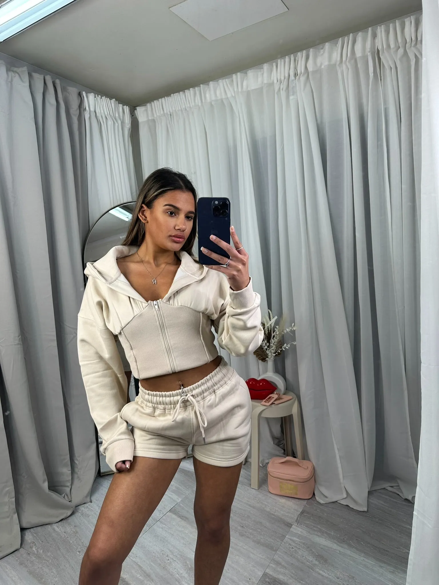 Cropped fleeced hooded top zip up waist compression short set