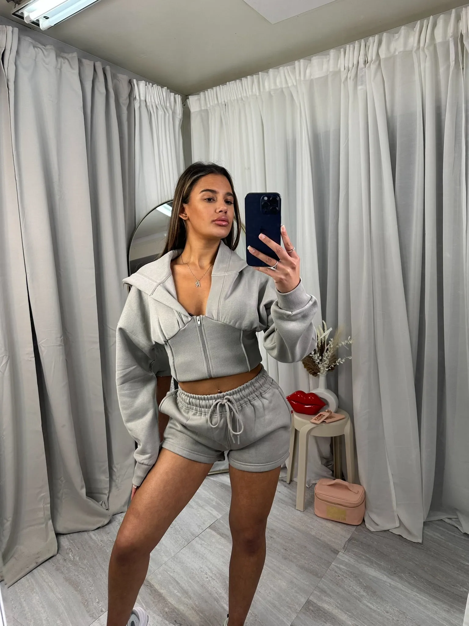 Cropped fleeced hooded top zip up waist compression short set
