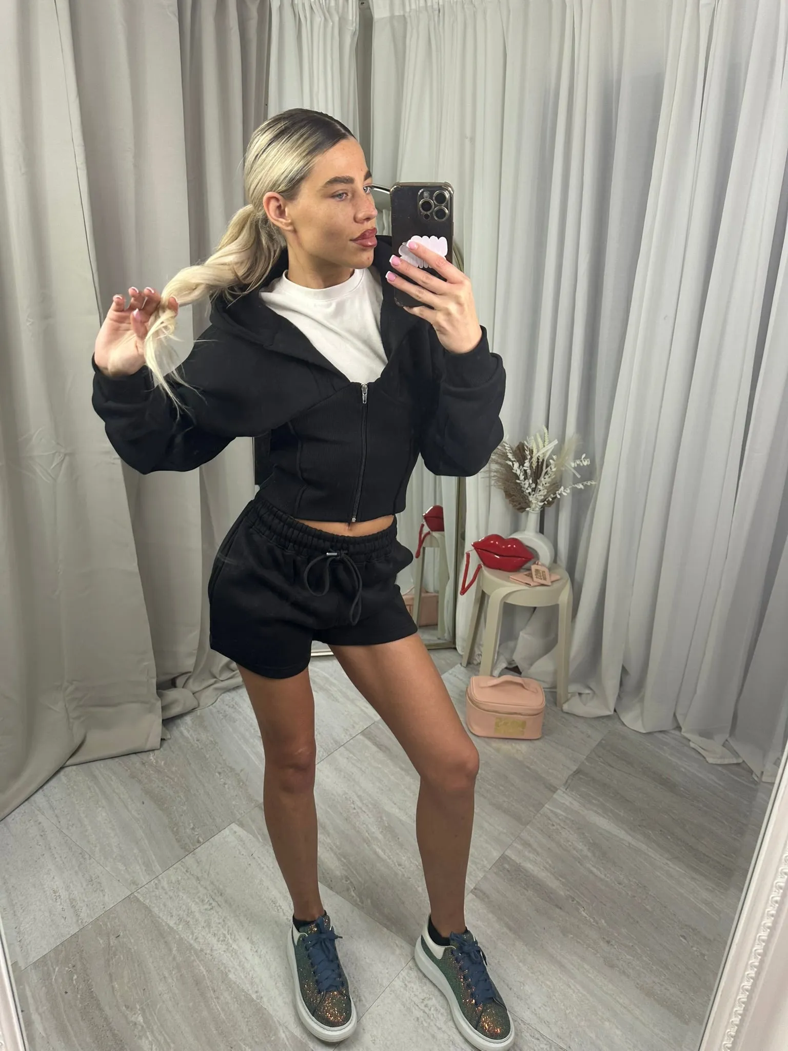 Cropped fleeced hooded top zip up waist compression short set