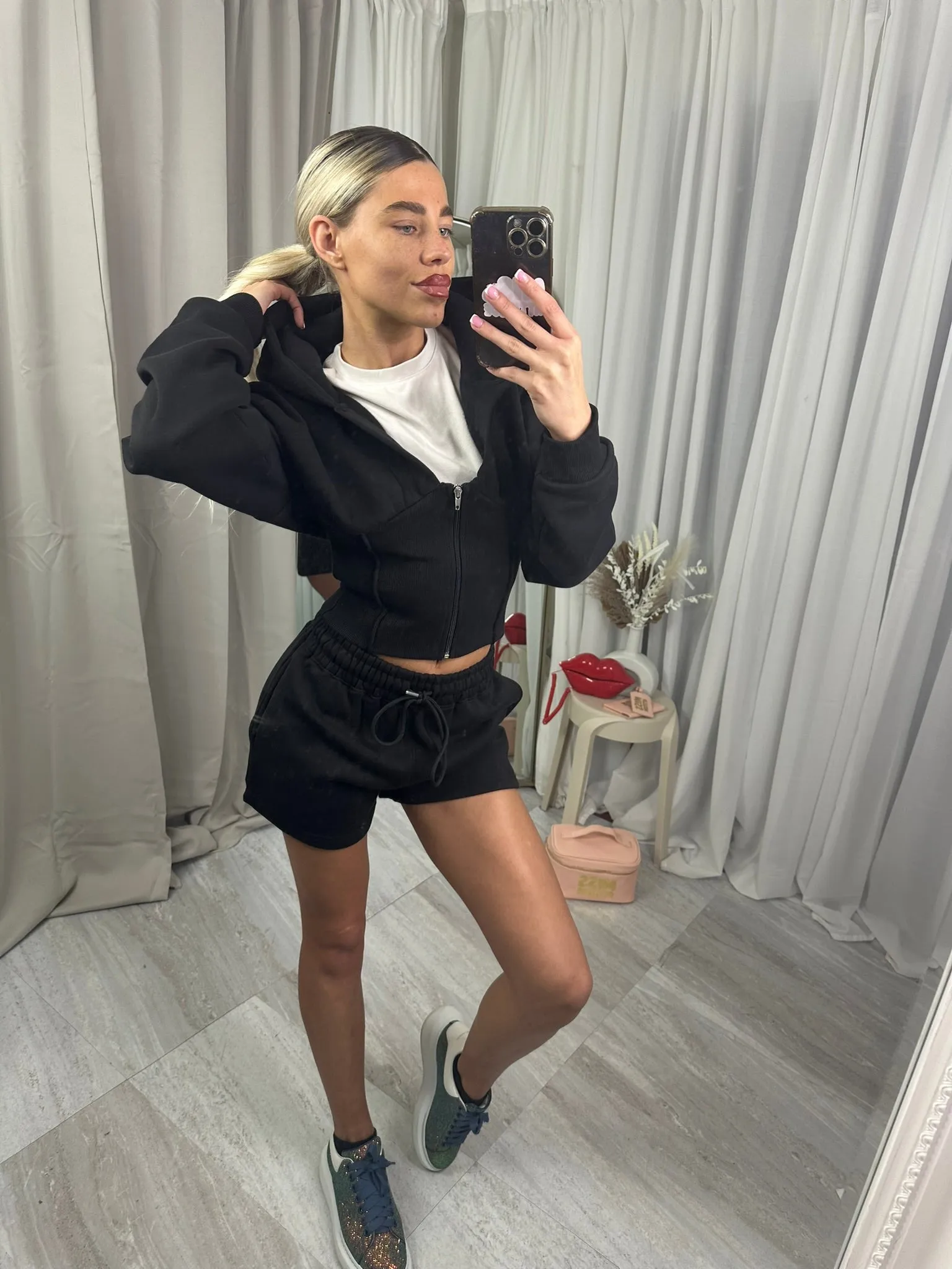 Cropped fleeced hooded top zip up waist compression short set