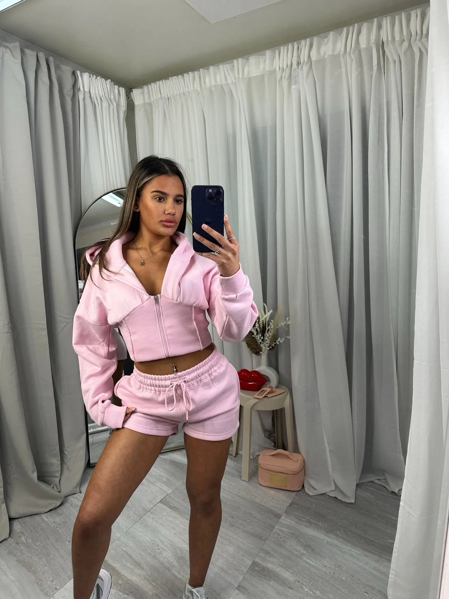 Cropped fleeced hooded top zip up waist compression short set