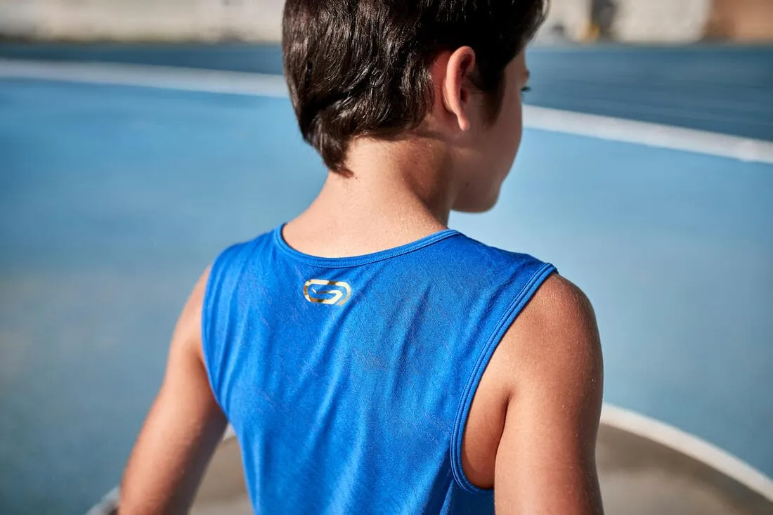 Débardeur running - athlétisme respirant garçon KIPRUN CARE bleu et rouge
