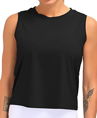 Dragon Fit Women Sleeveless Yoga Tops Workout Cool T-Shirt Running Short Tank Crop Tops (Black, Small)